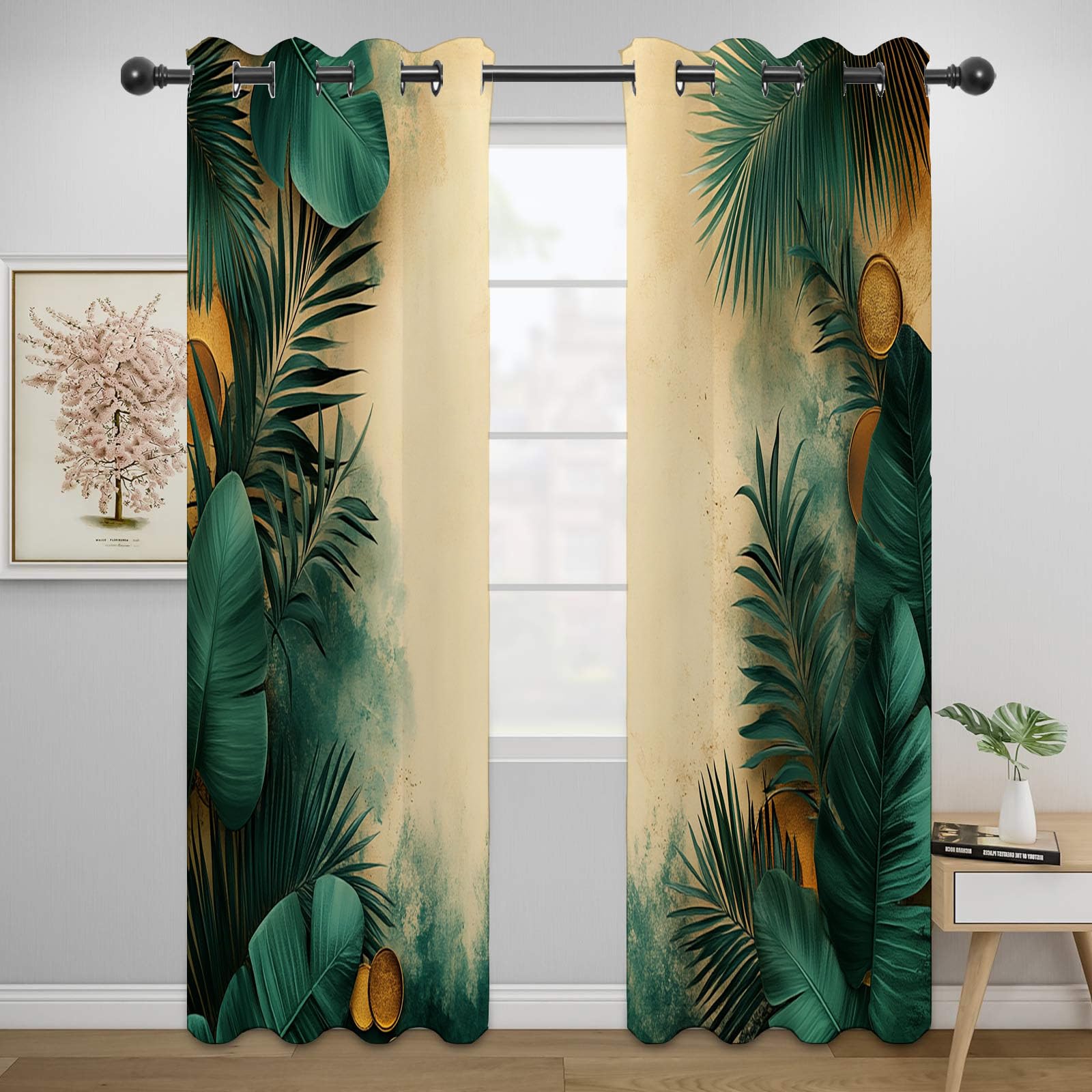Blickdichte Vorhänge, Tropische Palmenblätter mit Goldakzent Abstrakt Luxus Modern Muster Gardinen, für Wohnzimmer Schlafzimmer-H180 x B100 cm (2er Pack)