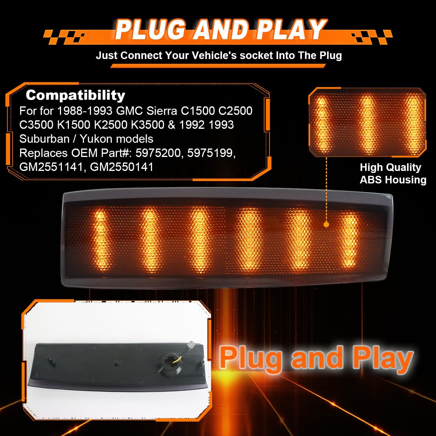 Front Bumper LED Headlight Corner Light Side Marker Lamp for 1988-1993 GMC Sierra C1500 C2500 C3500 K1500 K2500 K3500 92-93 Suburban/Yukon, Amber led Indicator Turn Signal Lamp