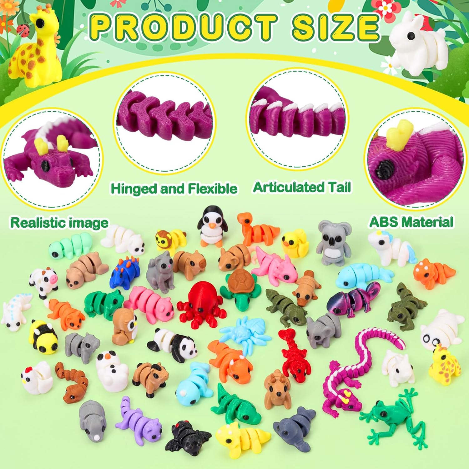 52 Pcs Mini 3D Printed Animals Set, 3D Printed Little Animals Articulated Flexible Fidget Toys Small Animal Figurines Toy for Boys Girls Students Rewards Carnival Prizes Pinata Filler - Image 3