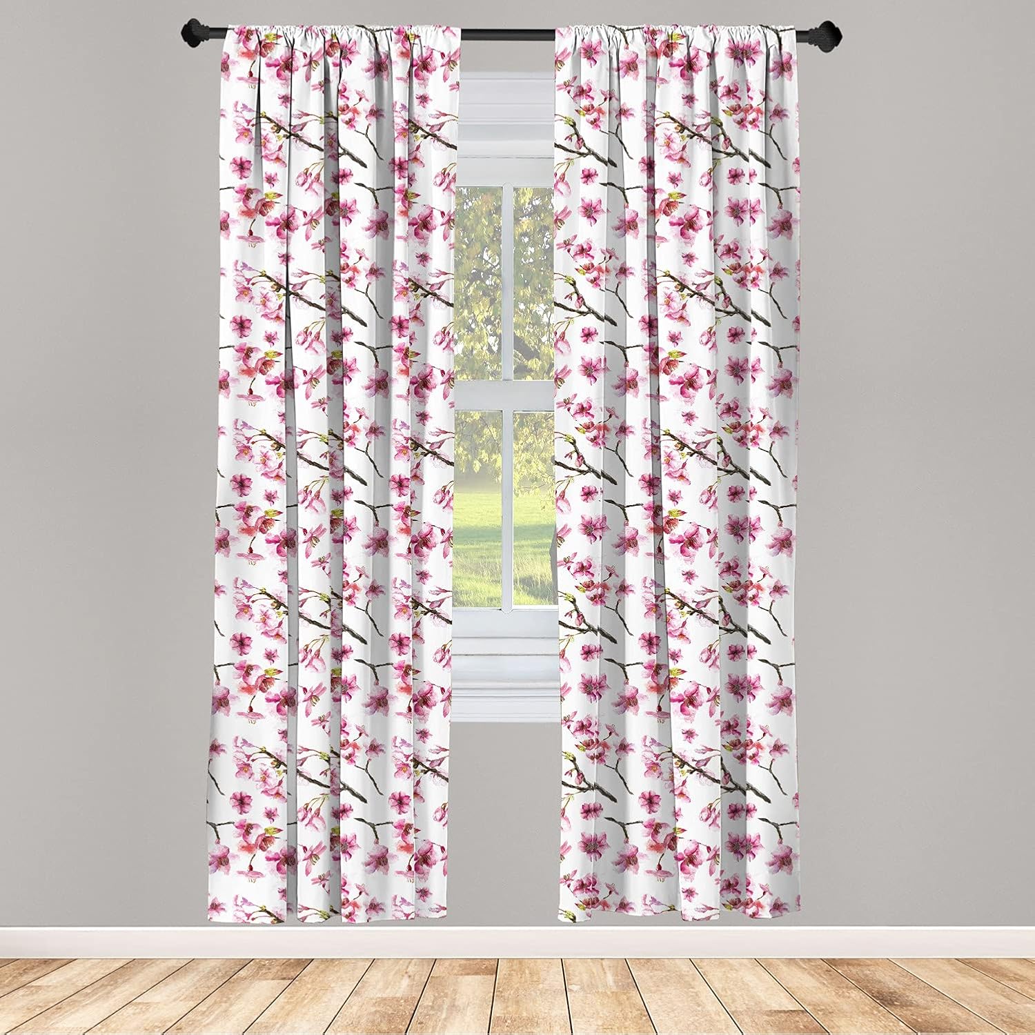 Ambesonne Cherry Blossom Curtains 2 Panel Set, Watercolor Style Oriental Pattern with Sakura Branch, Lightweight Window Treatment Living Room Bedroom Decor, 56