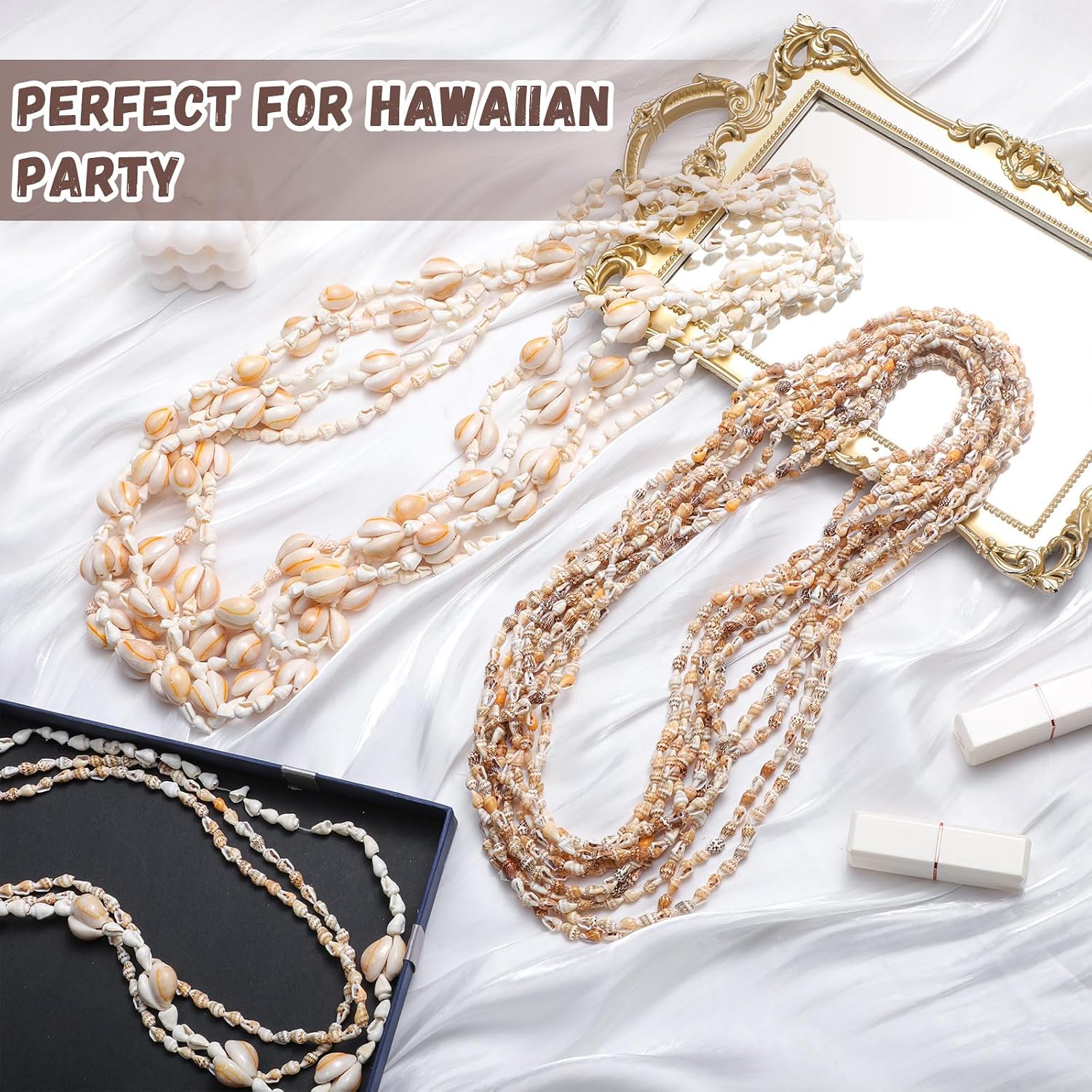 Ecation Shell Leis Bulk Seashell Necklace Hawaii Corn Conch and Small Conch Natural Tahitian Nassa Summer Beach Party Jewelry