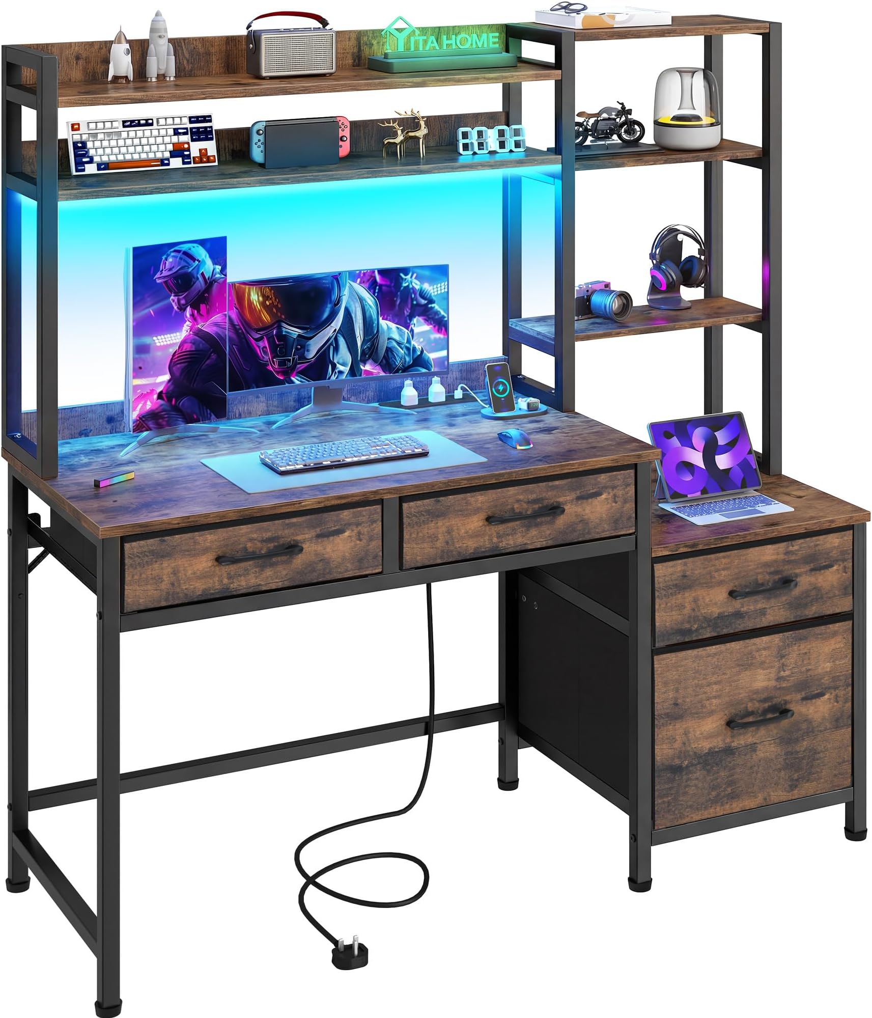 YITAHOME Computer Desk with Drawers, Home Office Corner Computer Table Storages & Shelves, Gaming Desks Workstations with LED Lights & Power Outlets, Study Table Corner Desk with File Drawer, Vintage