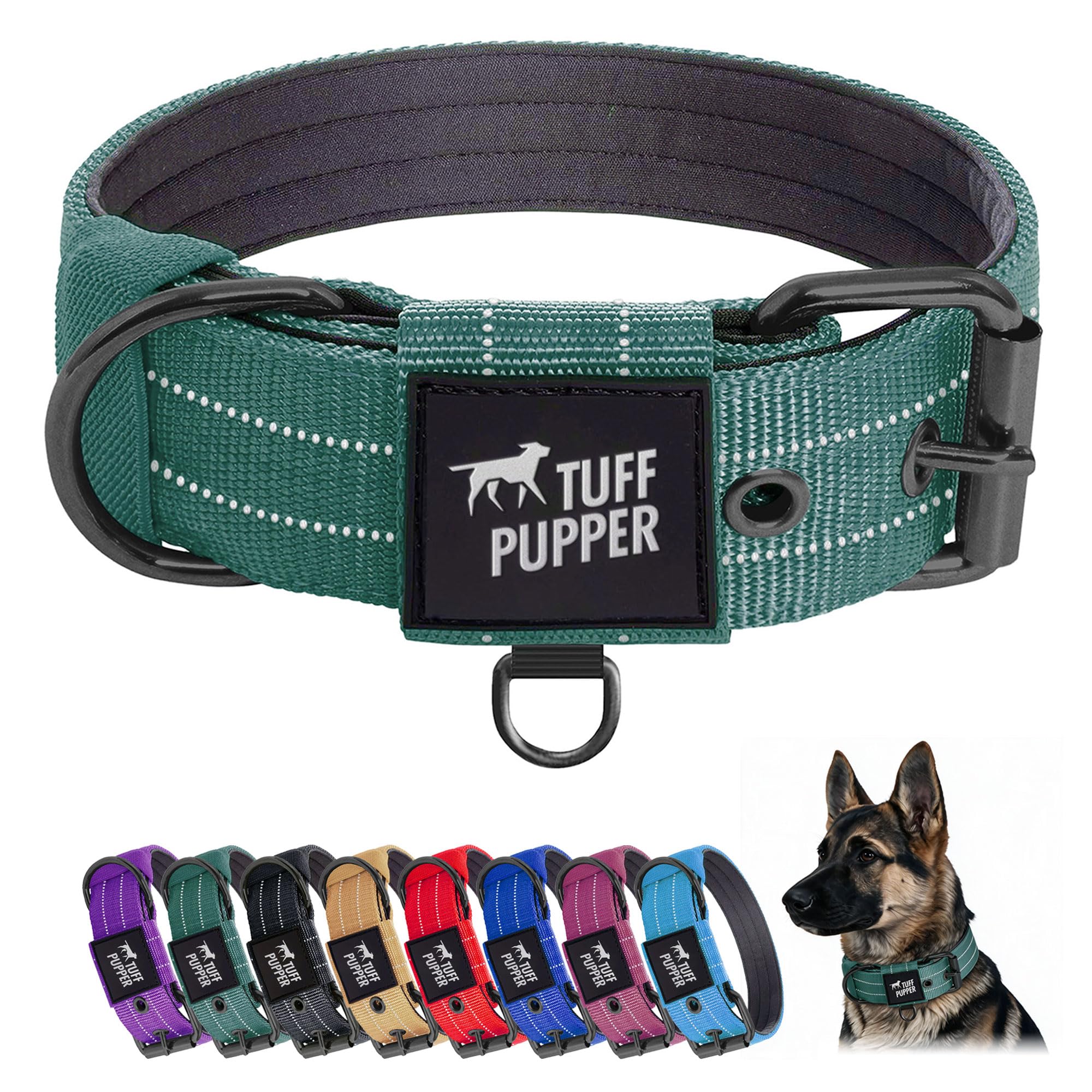 Tuff Pupper Heavy Duty Tactical Dog Collar | 1.5" Wide Ballistic Nylon | Reflective Stitching | Integrated ID Tag Holder | Stainless Steel Buckle | Padded Lining | Medium &amp; Large Dogs (Green, Large)