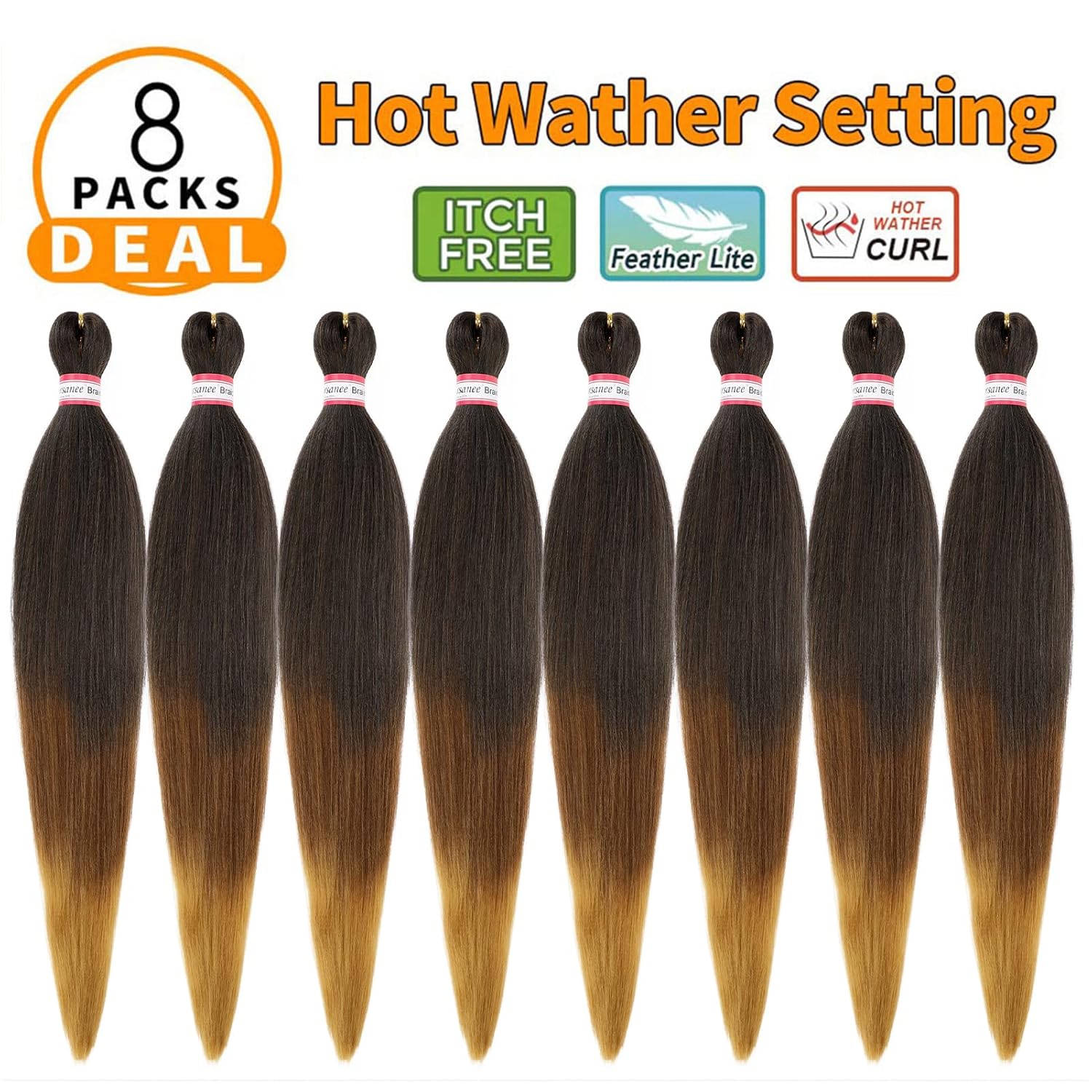 Pre-stretched Braiding Hair 8 Packs 28 Inch Black to Brown Ombre Braiding Hair Natural Easy Twist Crochet Braids Hot Water Setting Professional Soft Yaki Straight Synthetic Hair Extension (#1B/30/27)
