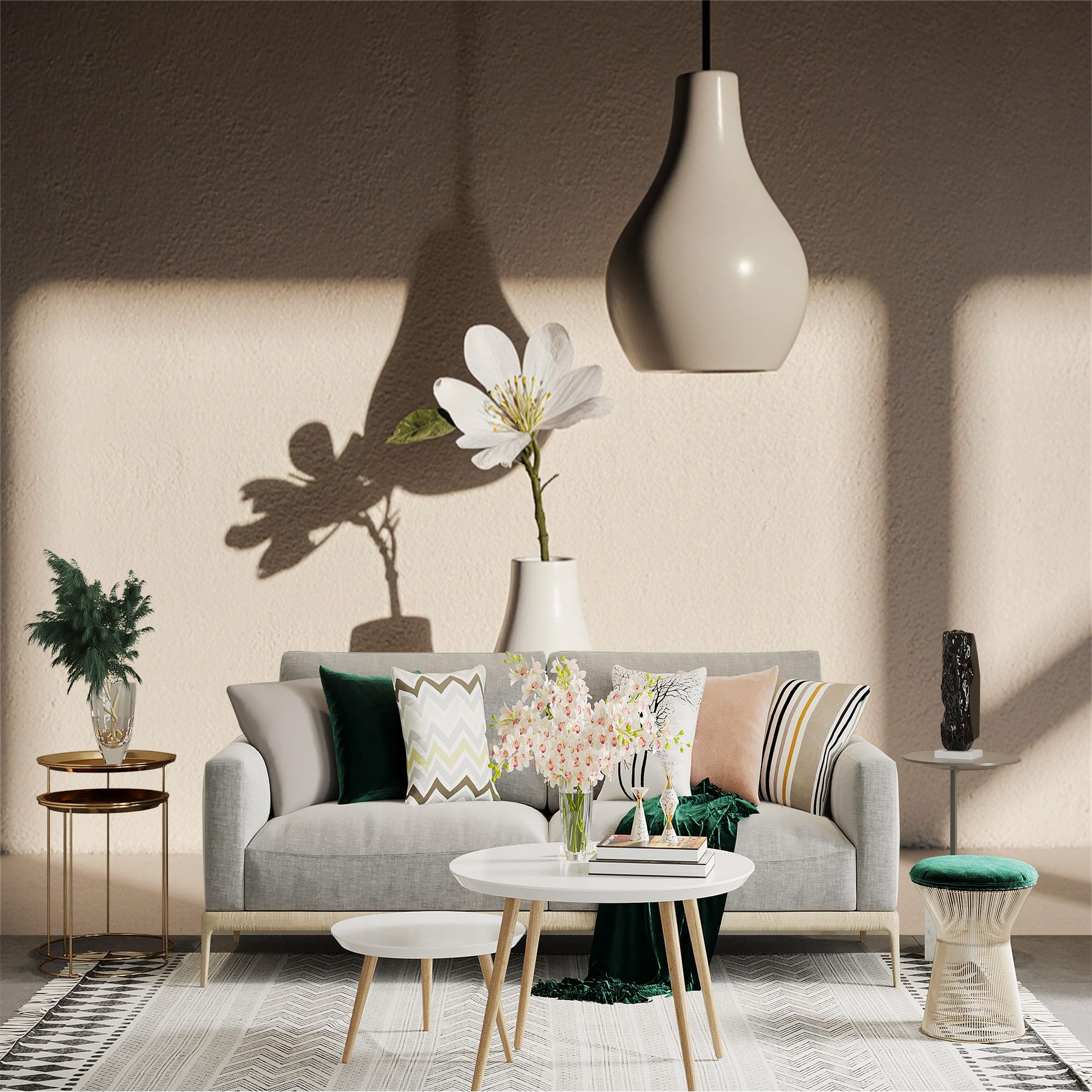 Custom Size Wall Sticker Mural， White Ceramic Vase with Flower， Minimalist Interior Decor， Warm Sunlight and Shadows， for wall Decoration， peelandstick wall Decals.