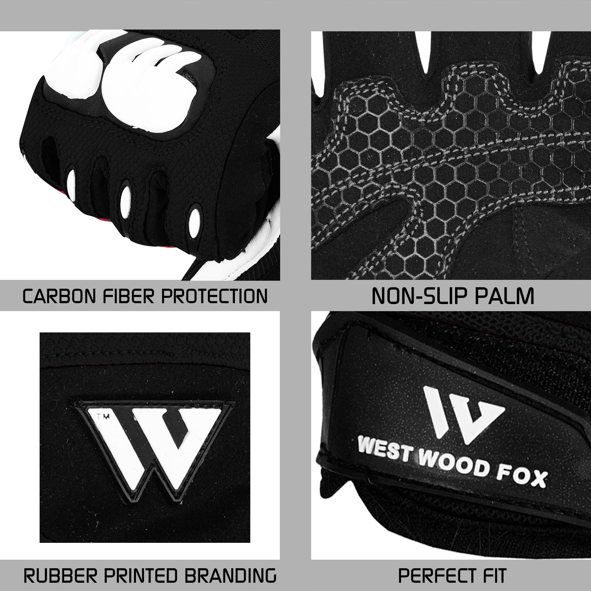 WESTWOOD FOX Motorbike Gloves for Men and Women,Breathable, Touchscreen, Palm Pads Motorcycle Gloves for BMX,Cycling, ATV,MTB Racing,Road Racing,Climbing,Hiking,and Outdoor Activities (Black, XL)