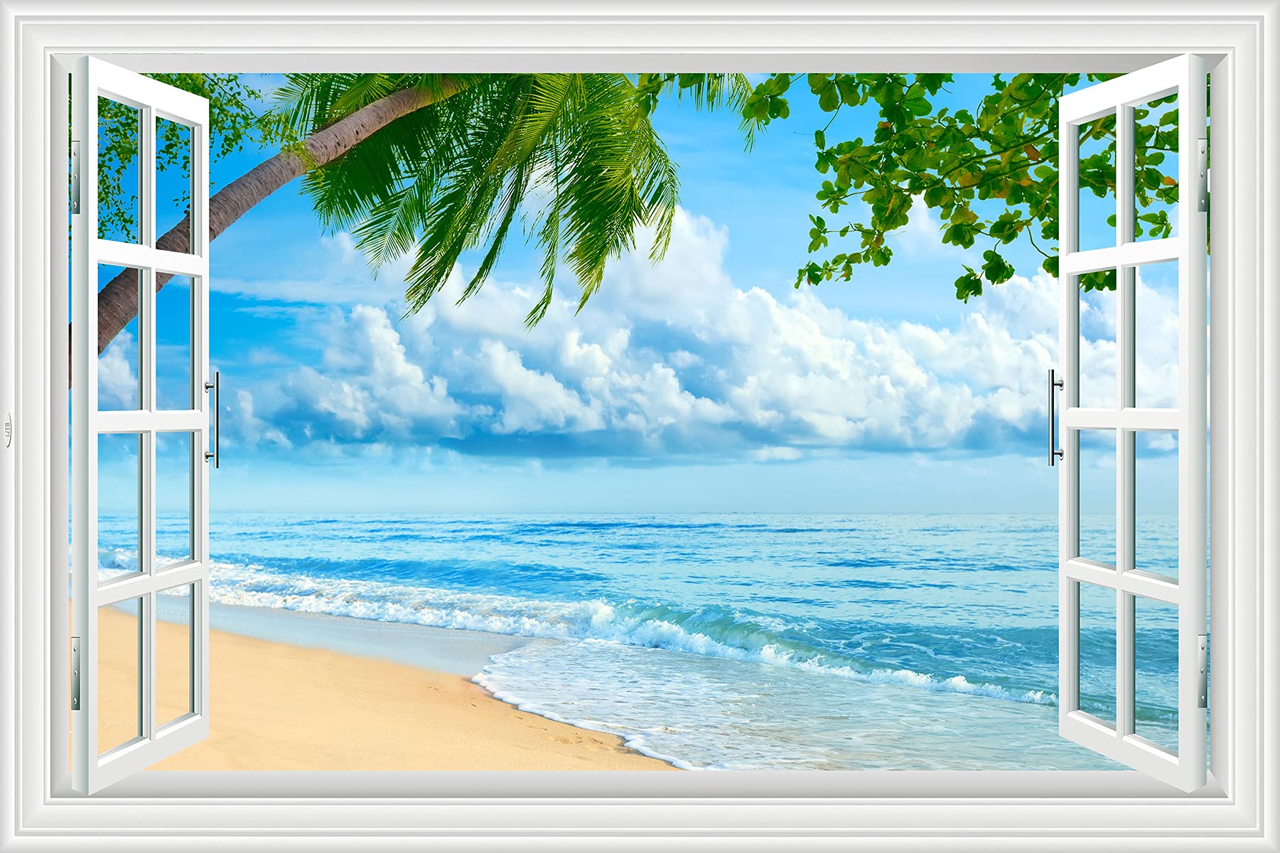 Sticker mural 3D vue mer et plage de cocotier autocollant grand format pour salon