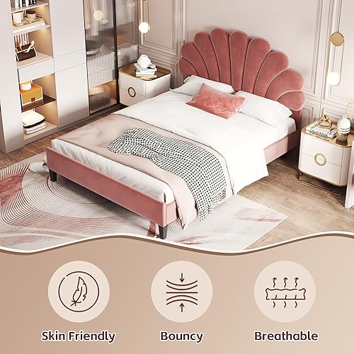 Miniatura 3 de DEINPPA Base de cama tapizada tamaño matrimonial con cabecera ajustable de flores elegantes, cama de plataforma de terciopelo con soporte de Bean