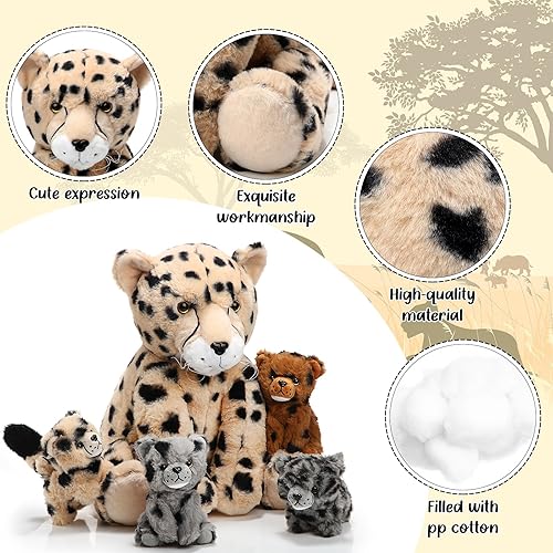 Miniatura 5 de Juego de 5 piezas de animales de peluche de guepardo grande con 4 cachorros suaves en su barriga para niños y niñas, regalos de cumpleaños,