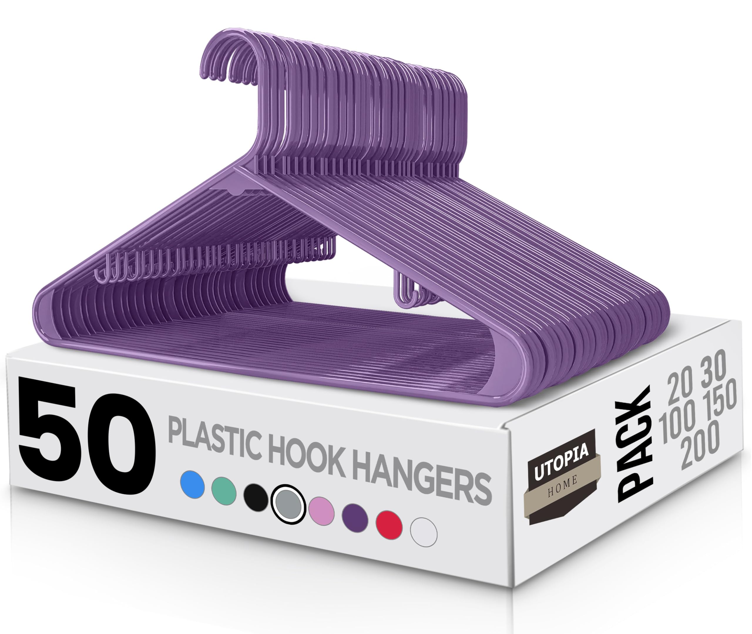 Utopia Home Plastic Hangers 50 Pack - Clothes Hanger with Hooks - Durable & Space Saving Coat Hanger - Heavy Duty Purple Hangers - Skirt Hangers