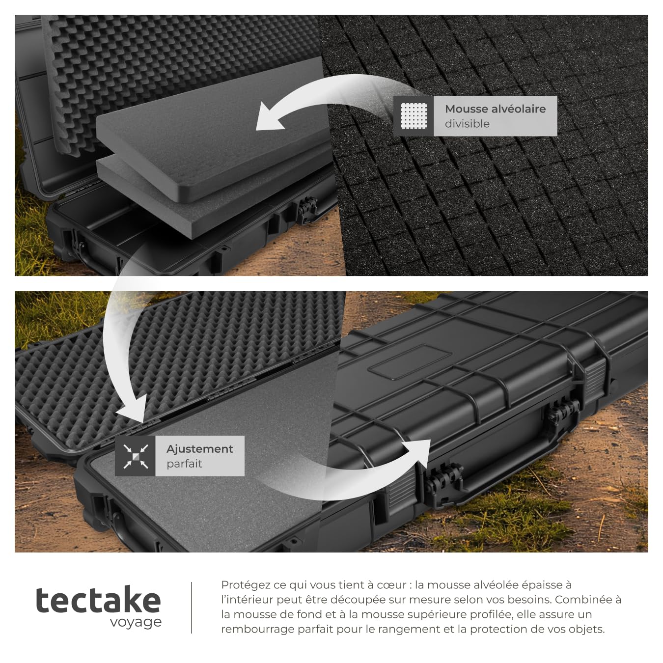 tectake® Malette de Protection, Inserts Mousse pour Armes Longues, Appareil Photo, caméra ou Outils, Boite étanche avec roulettes, 3 poignées, 4 Fermetures à Ressort, Résistante aux Chocs & Eau