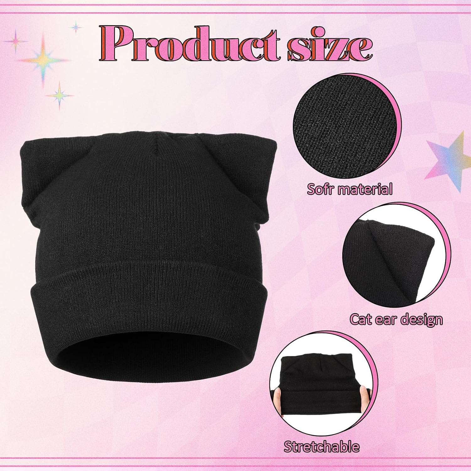 Cat Ear Beanie for Women Men, Knitted Skull Cap with Cute Ears, Stretchy Soft Winter Hat, One Size Fits Most (56-60cm) Black