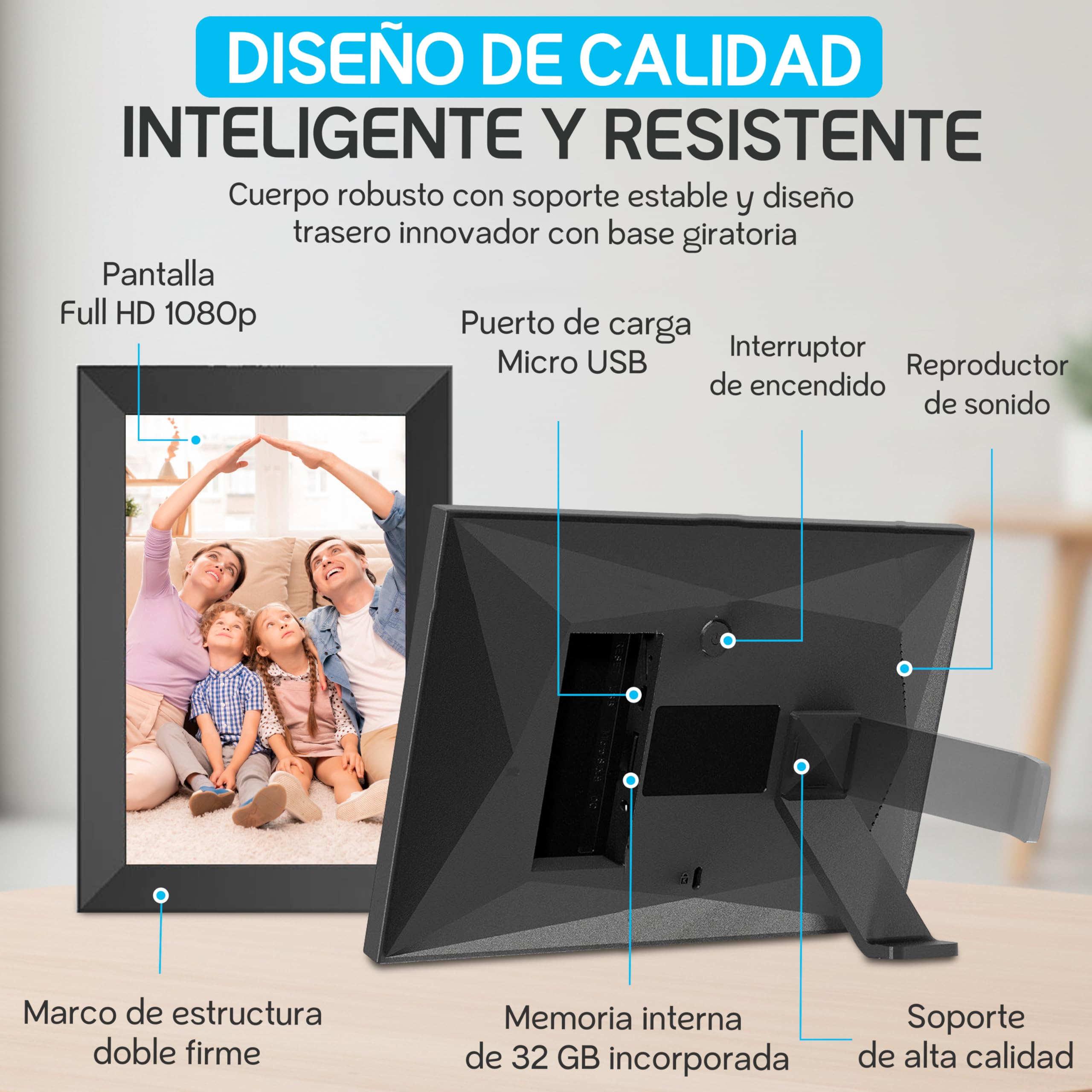 DIRU Marco de Fotos Digital WiFi 10.1" Táctil Full HD, 32 GB, Frameo App, Auto Rotación, Pantalla IPS, Reproduce Fotos y Videos