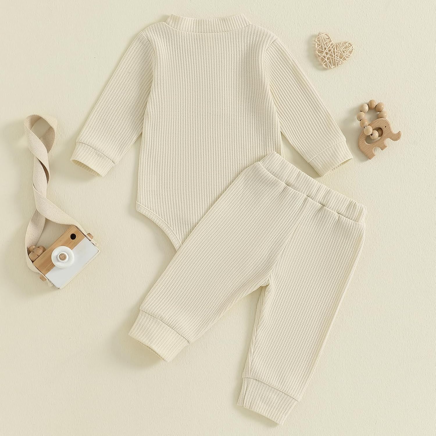 allshope Newborn Baby Boy Fall Outfit Romper Long Sleeve Solid Jumpsuit Bodysuit Elastic Waist Pants Infant Waffle Clothes - Image 7