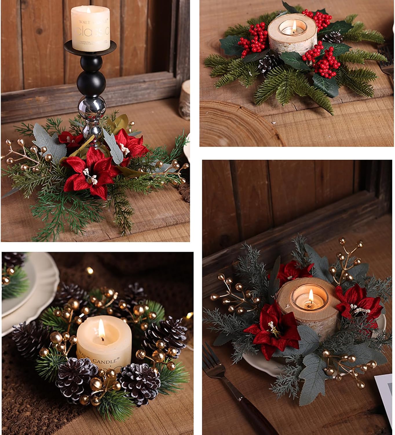 Christmas Candle Rings Xmas Wreaths Pine Needles Berry Red Flower Candle Decoration Winter Party Centerpiece Candle Holder for Tables Decor