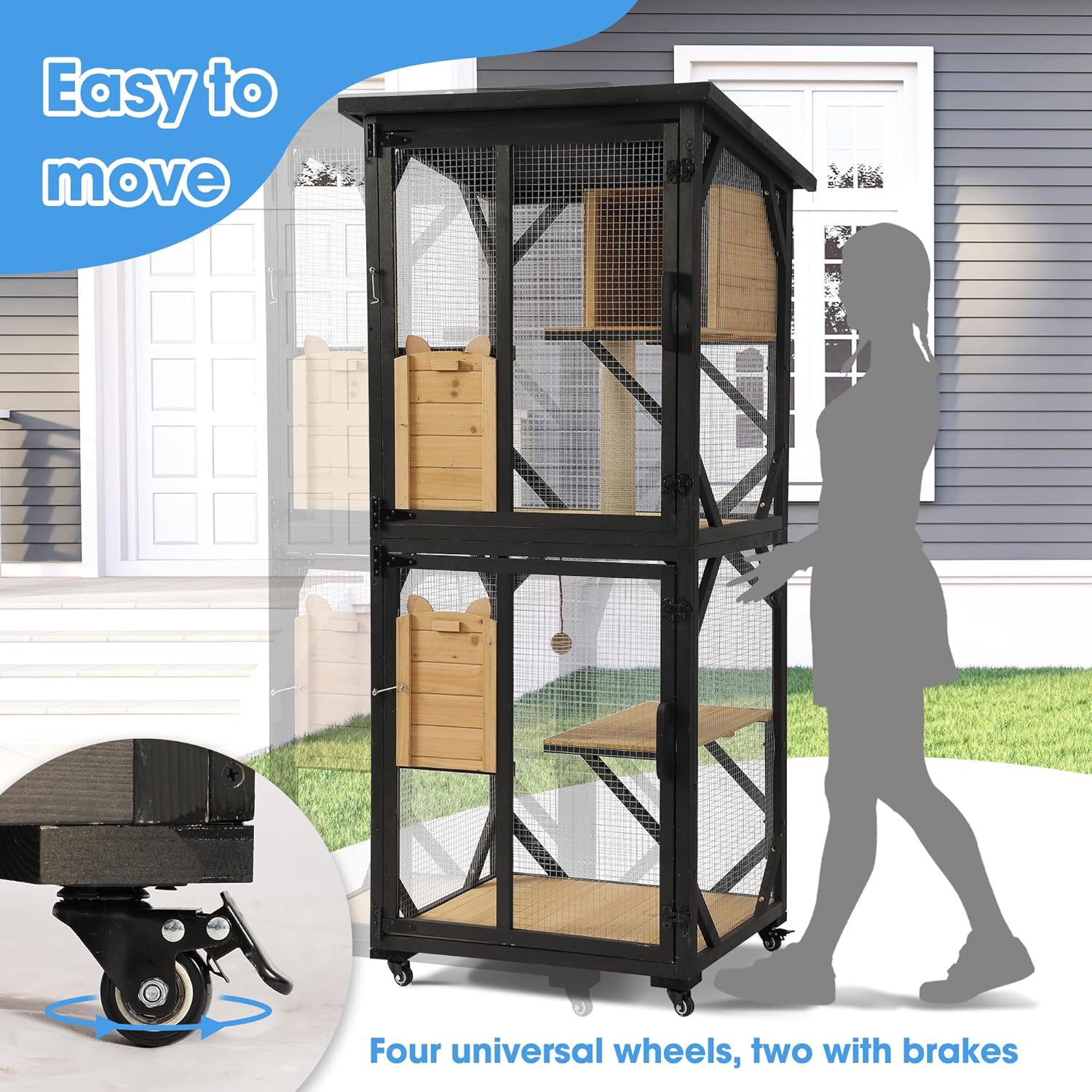 Catio Outdoor Cat Enclosure with Scratcher - 4-Tier Large Indoor Wooden Window Catio Cats House W/Asphalt Waterproof Roof, Wheels, Resting Box, Platforms, Kitten Toys Ball