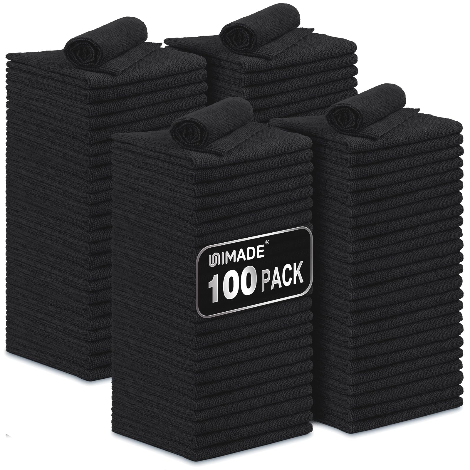 UNIMADE Lot de 100 chiffons de nettoyage en microfibre de qualité commerciale pour voiture, bar, mécanicien, restaurant, garage, ménage, 29,2 x 29,2 cm, noir