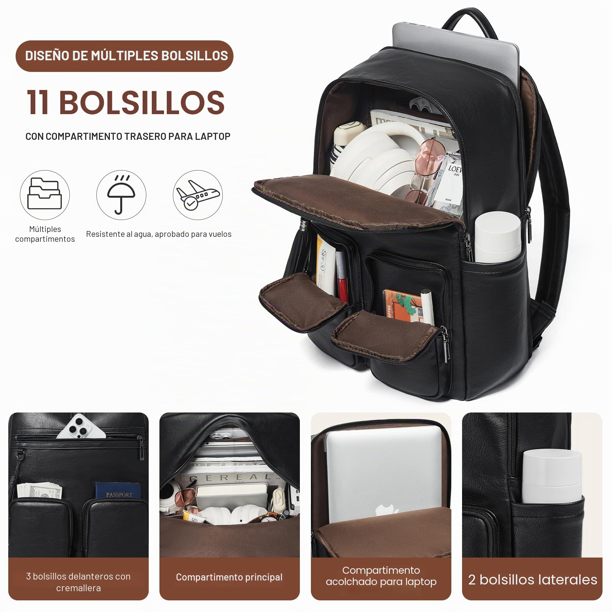 Shrrie Mochila para laptop para mujer de 16 pulgadas, mochila de viaje de cuero vegano, mochila de trabajo, negocios, mochila para portátil, profesora, universidad, mochila casual