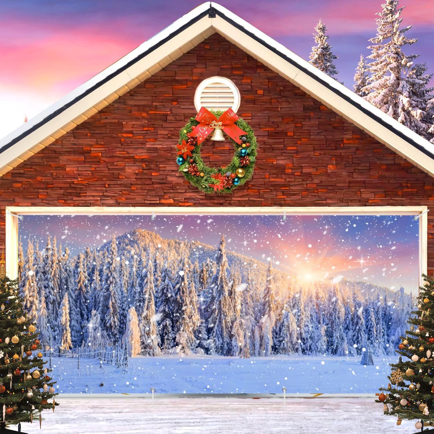 Winter Christmas Garage Door Cover Decorations Banner Backdrop,Winter Wonderland Snow Forest Snowflake Xmas Tree Garage Door Cover for Outdoor Holiday Decorations 7x16ft