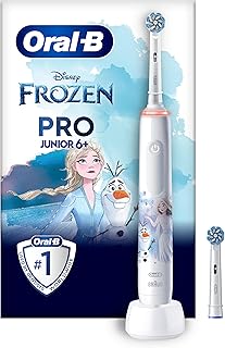 Oral-B Pro Junior Frozen Elektrische Zahnbürste/Electric Toothbrush für Kinder ab 6 Jahren, 2 Aufsteckbürsten, 360°-Andruckkontrolle, 2 Putzmodi inkl. Sensitiv für Zahnpflege, weiche Borsten, weiß