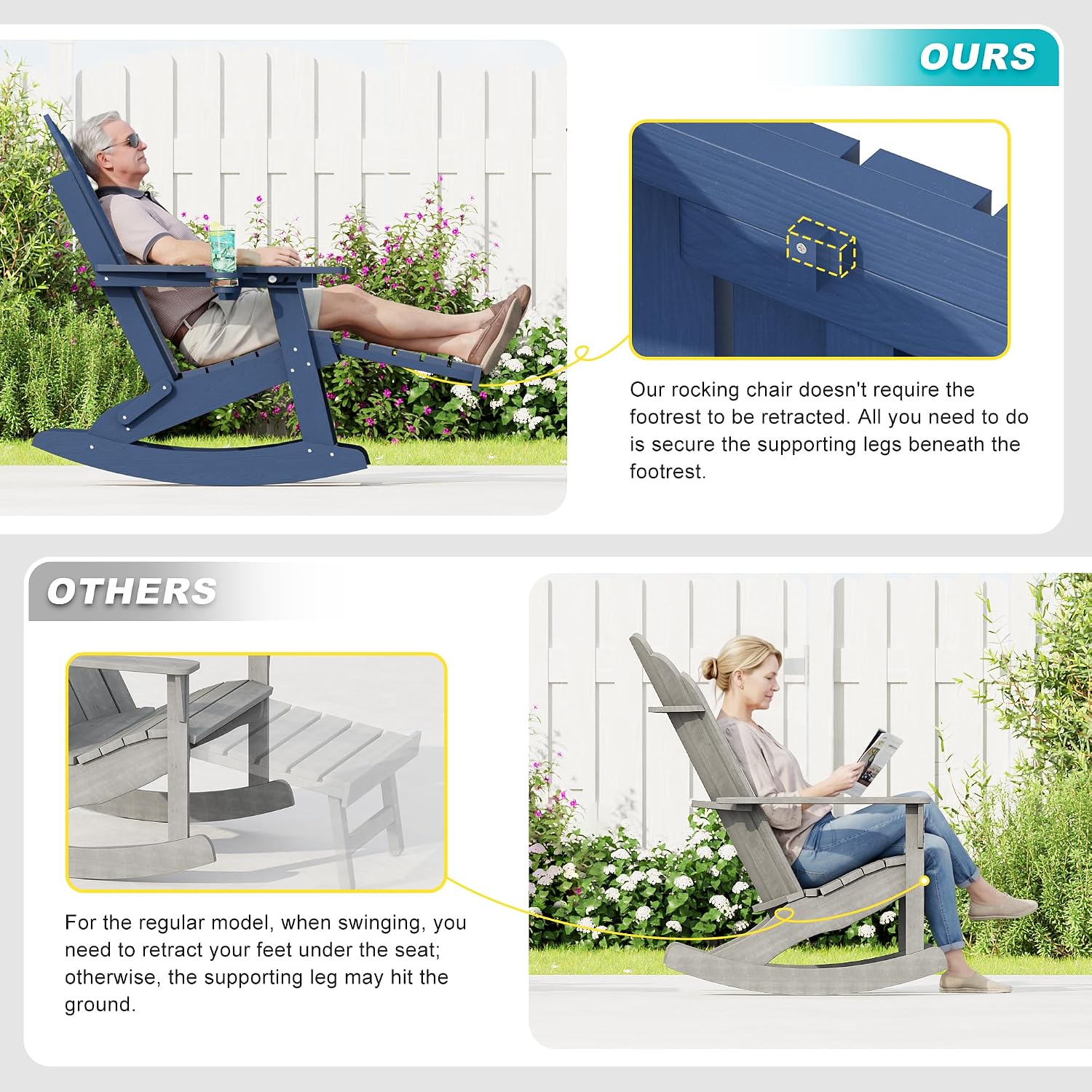 HDPE Outdoor Rocking Chairs Set of 2, 4-in-1 Folding Adirondack Chair with Retractable Ottoman, Patio Rocker with 3-Position Adjustable Backrest & Cup Holder for Porch, Backyard, Pool, Navy Blue