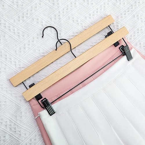 Miniatura 5 de TOPIA HANGER Perchas para pantalones, paquete de 10 perchas de madera con clips negros y gancho giratorio, perchas de madera de goma natural