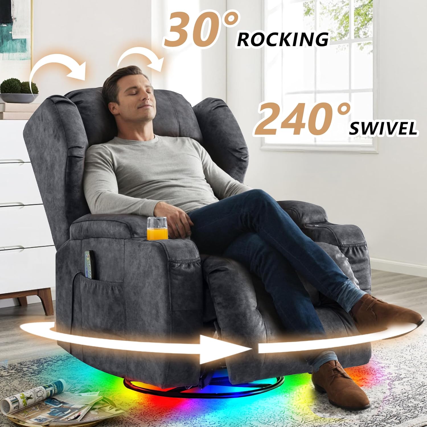 DRMBOOK Dual Motor Power Swivel Rocker Recliner Chairs, Electric Wall Hugger Reclining Sofa with Massage & Heat, Comfy Theater Seating with LED/USB/Type-C Ports (Velvet Grey, Single Chair)