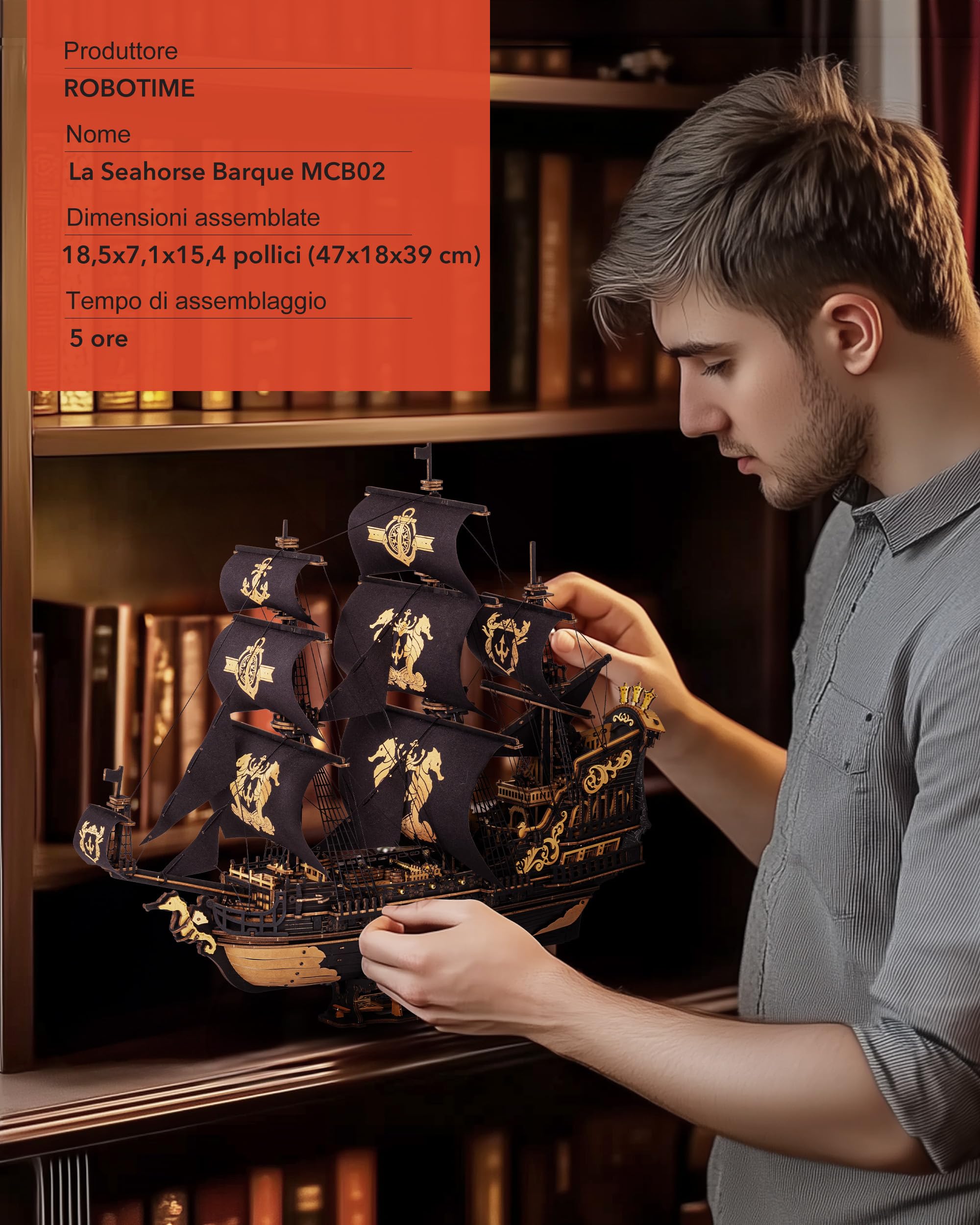 ROBOTIME Puzzle 3D in Legno Nave, Modellismo Navale Legno da Costruire Kit Adulti, Modellino Barche Barca a Vela Rompicapo per Bambini, Scala 1:100 Seahorse Barque MCB02