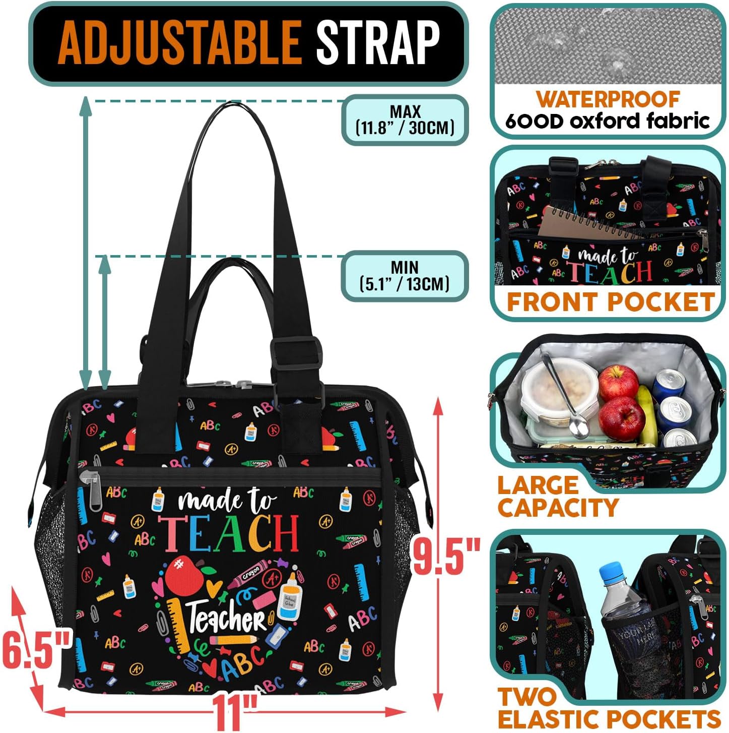 84hoods Large Lunch Bag for Women. Gift for Teachers. Insulated Lunch Box for Work Office Travel Picnic with Adjustable Strap. Made to Teach. - Image 3