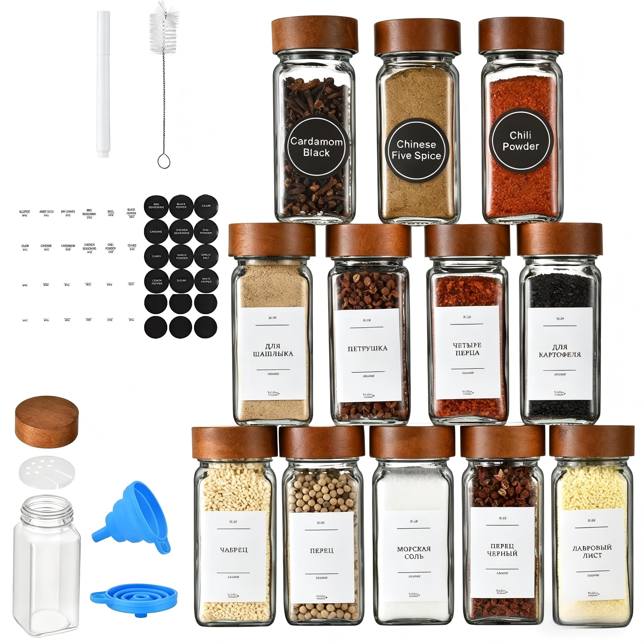 Dasellfa Spice Jars, Glass Jars with Lids, Seasoning Kitchen Storage & Organisation, Square Spice Jars With Lids and Labels, Waterproof Airtight Wooden Lid 12x 120ml