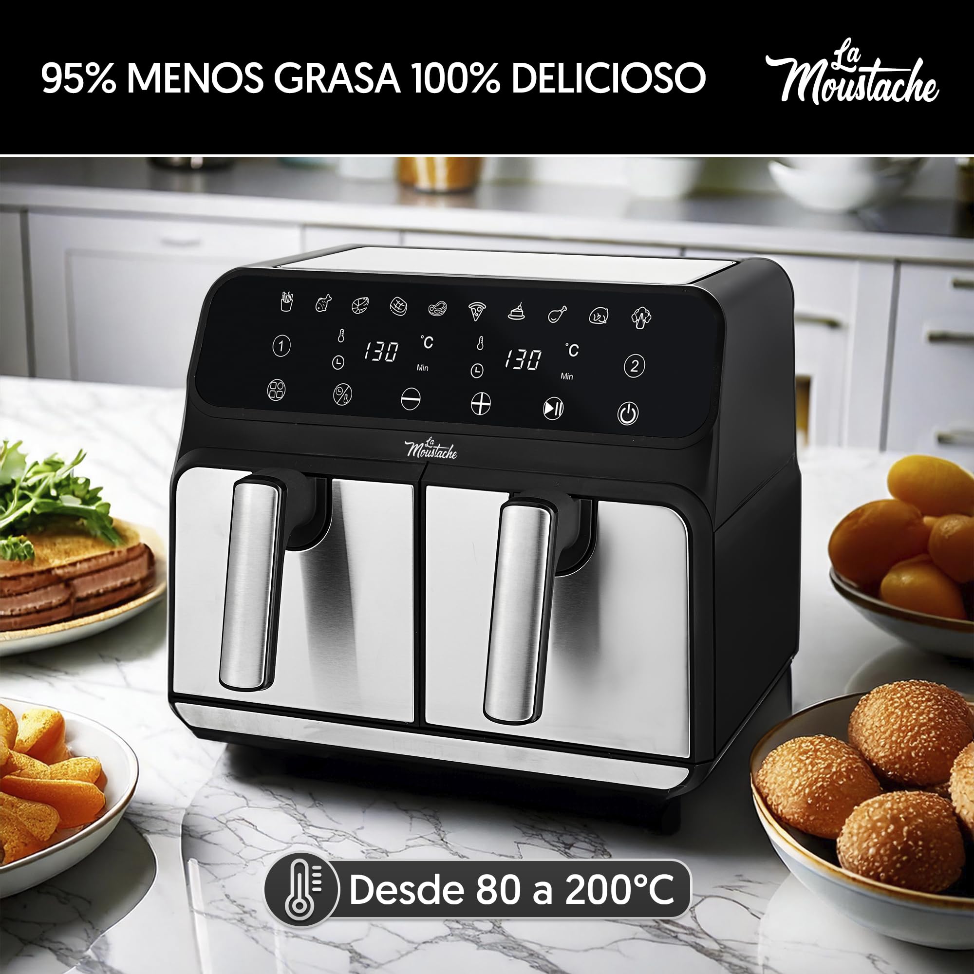 La Moustache - Freidora de Aire sin Aceite 8L con Doble Cesta, 2 Cestas Independientes de 4L, Air Fryer 6 en 1, 1700W, 10 Modos, 60-200 °C, Apta para Lavavajillas (DuoFry Gray)