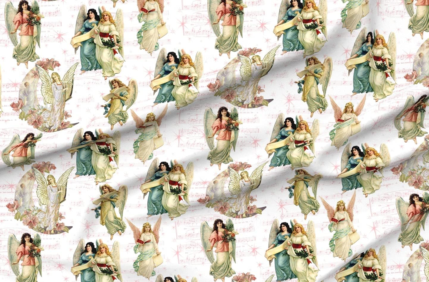 Spoonflower Fabric - Angels High Christmas Victorian Music Stars Pink White Cloth Printed on Petal Signature Cotton Fabric by The Yard - Sewing Quilting Apparel Crafts Decor