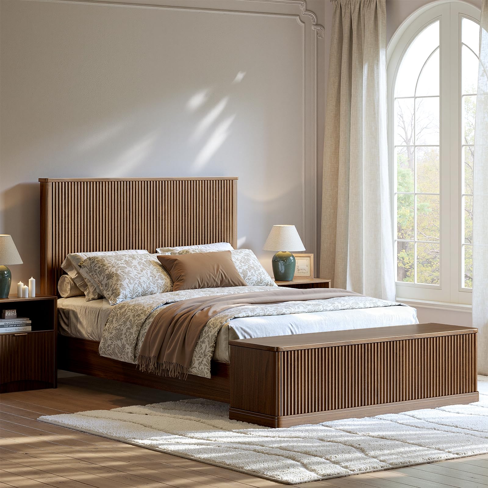 Evermagin Walnut Fluted Queen Bed Frame with 51''Tall Headboard & Storage Bench, Wood Platform Bed with 63''Storage Chest, Modern Queen Bedframe No