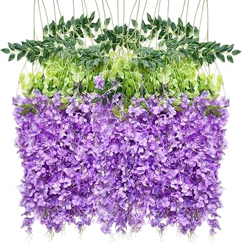 Light Purple Wisteria Hanging Flowers 36pcs and Artificial Italian Ruscus Green Stems20pcs