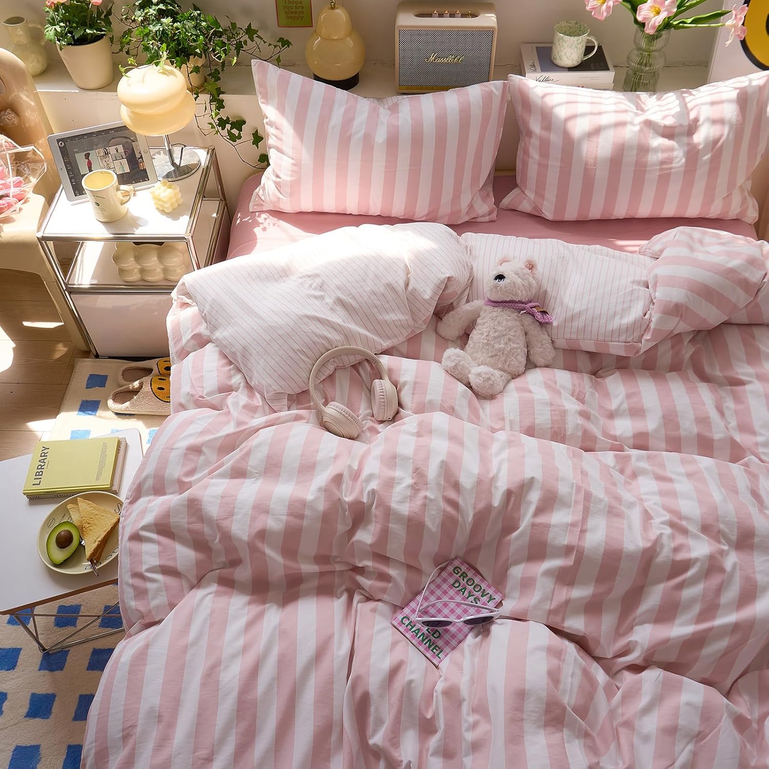 LifeTB Pink Striped Duvet Cover Set Twin, Soft Microfibher Pink White Stripes Pattern Printed Bedding Set, 3 Piece Comfy Breathable Duvet Cover Farmhouse Striped Comforter Cover with Zipper Closure