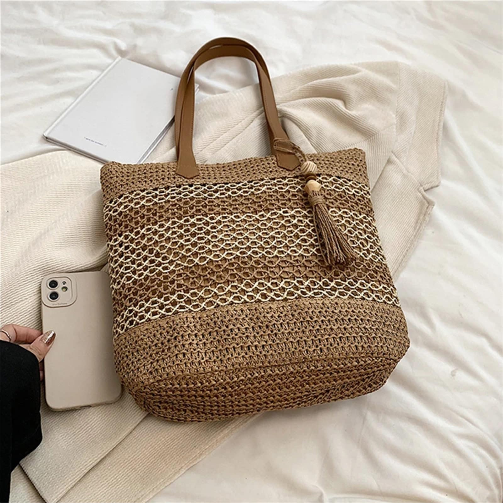 Bolso de Hombro de Paja Bolsos de paja verano for mujer, bolso hombro ratán, bolsos playa tejidos hechos a mano viaje