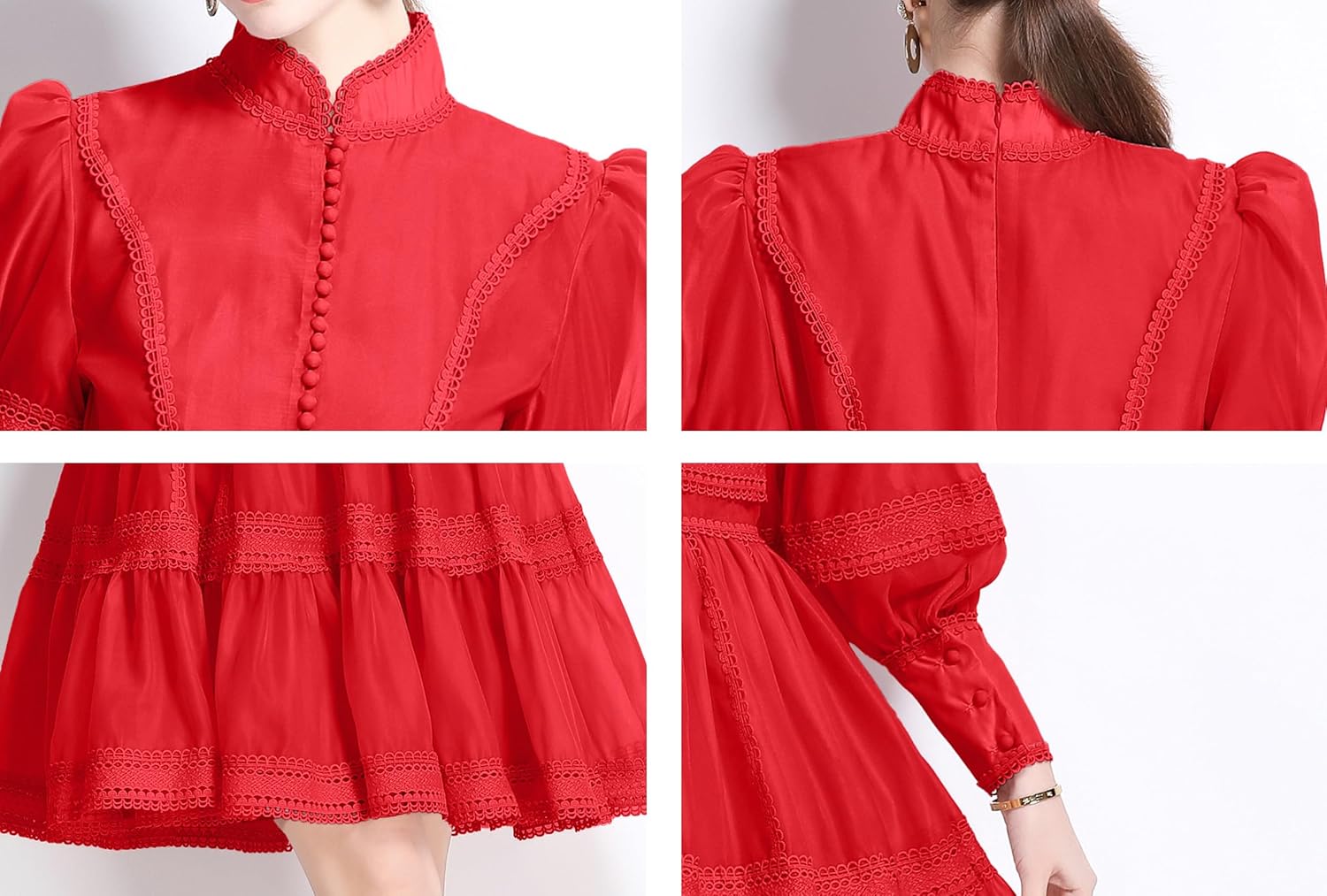 LAI MENG FIVE CATS Women's Puff Sleeves High Collar Hollow Mesh Pleat Layered Hem Solid Color Mini Dress - Image 6