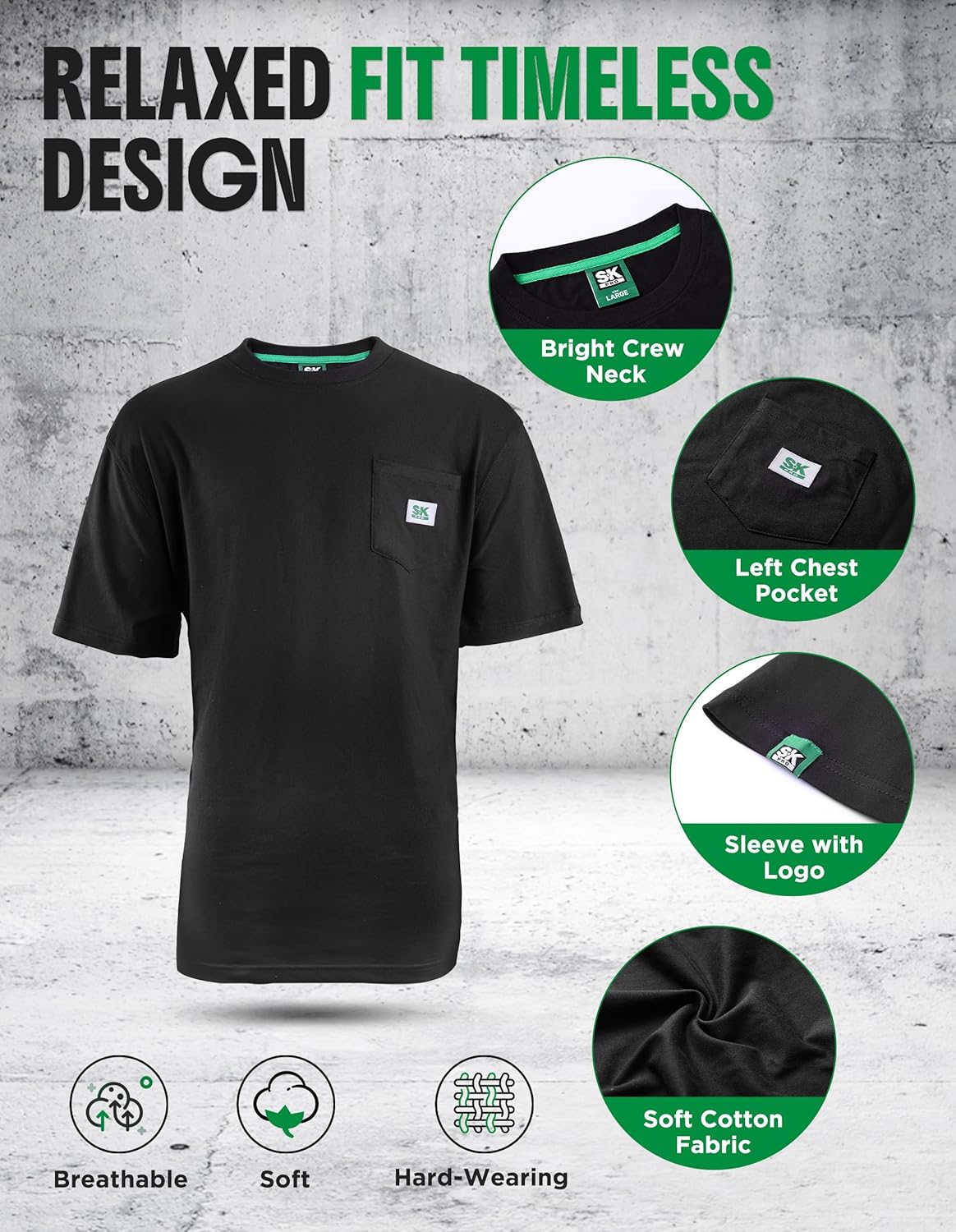 SKPRO Men's T-Shirt, Black Oversized T Shirts for Men, Crew Neck Work Shirt - Loose Fit Pocket T Shirts, Soft Casual Tee - Image 4