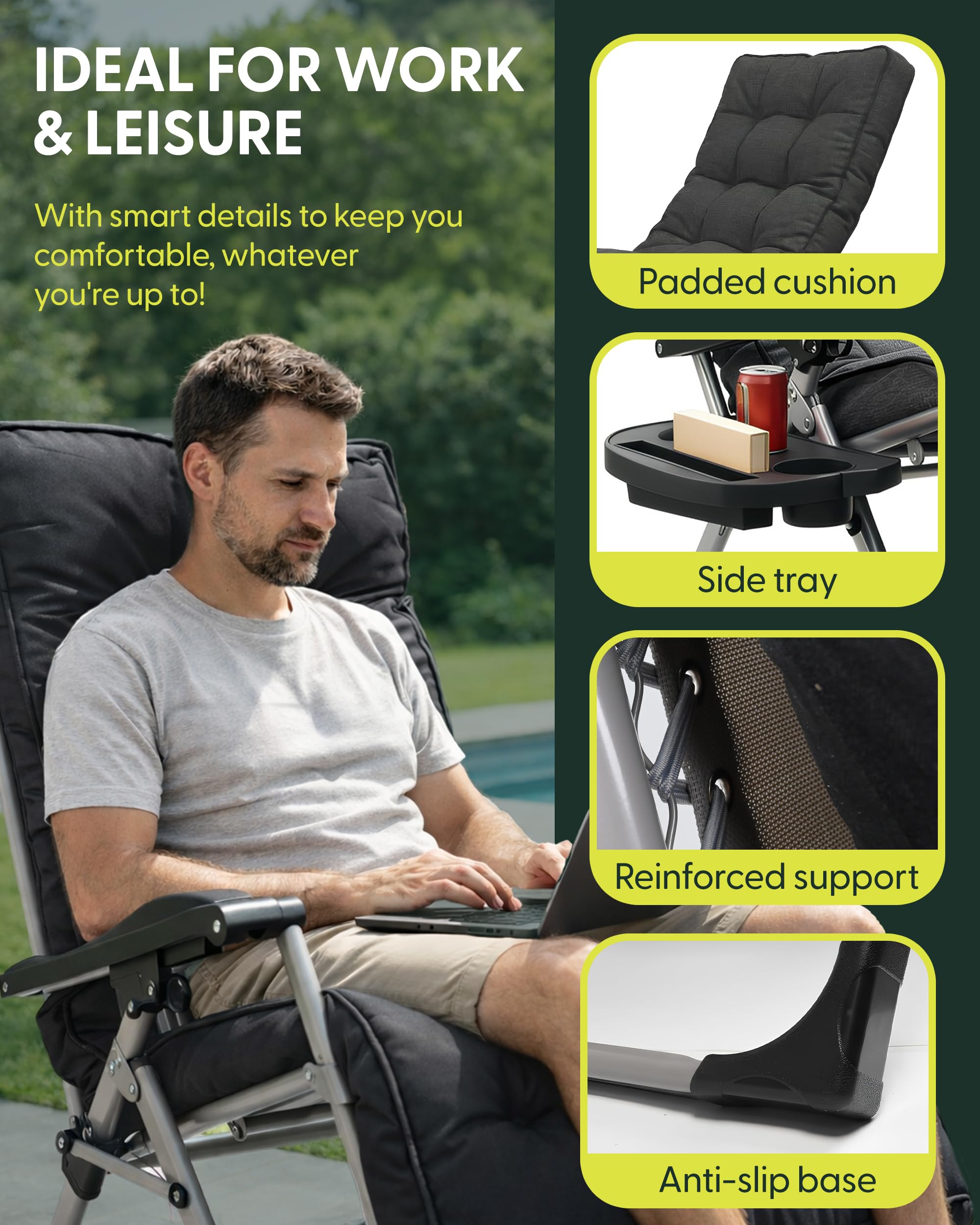 KEPLIN Square Tube Gravity Chair with Cushion 1 Pack – Extra Wide 72cm Zero Gravity Reclining Garden Chair, Reinforced Frame Supports 150kg, Locking System, Cup Holder, Foldable Sun Lounger — view 7