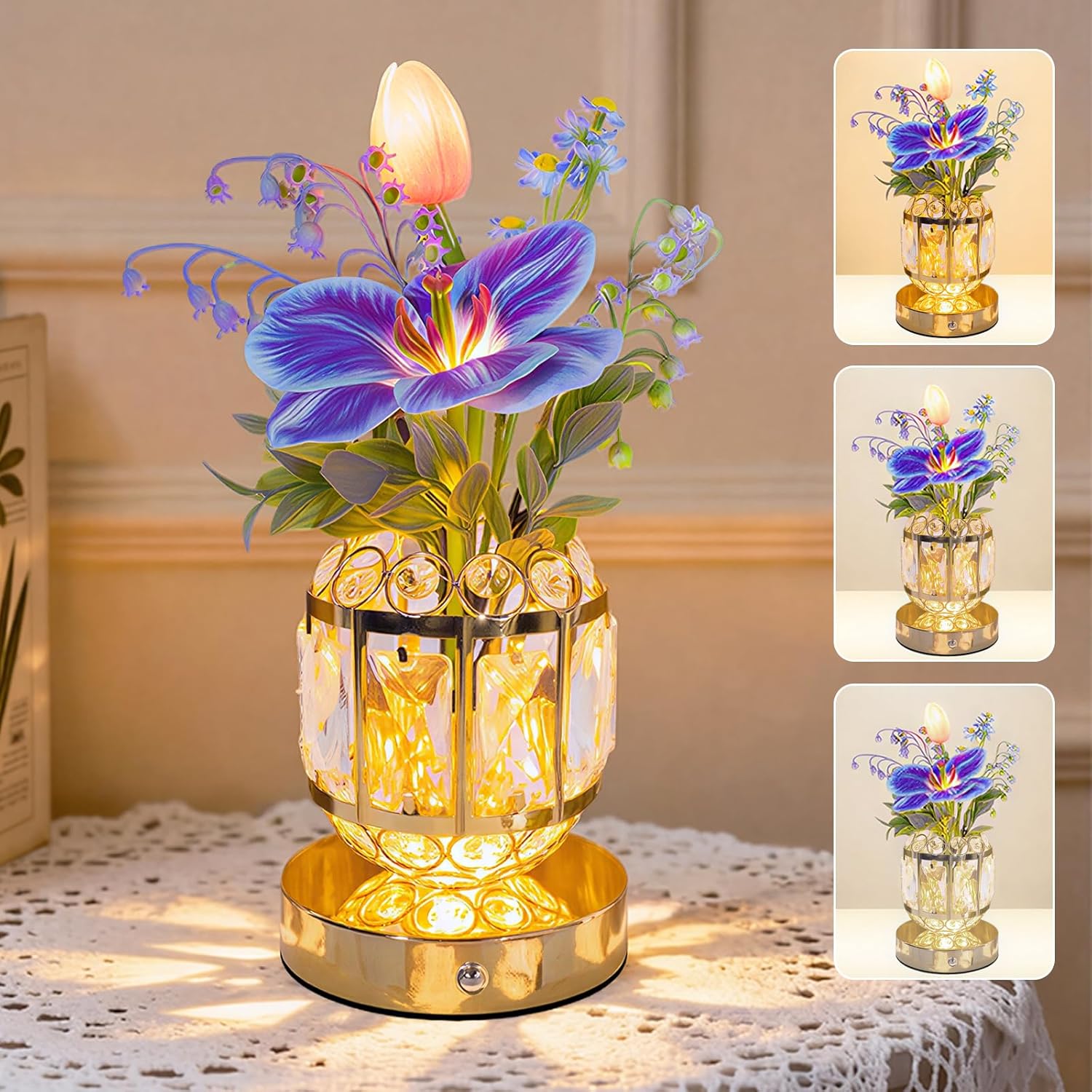 Flower Table Lamp, 3-Color Dimmable Tulip Artificial Flowers Night Light, Rechargeable Cordless Small Lamp, Ambient Light with Crystal Vase for Party Home Desk Decorations (Purple Blue - Flower)