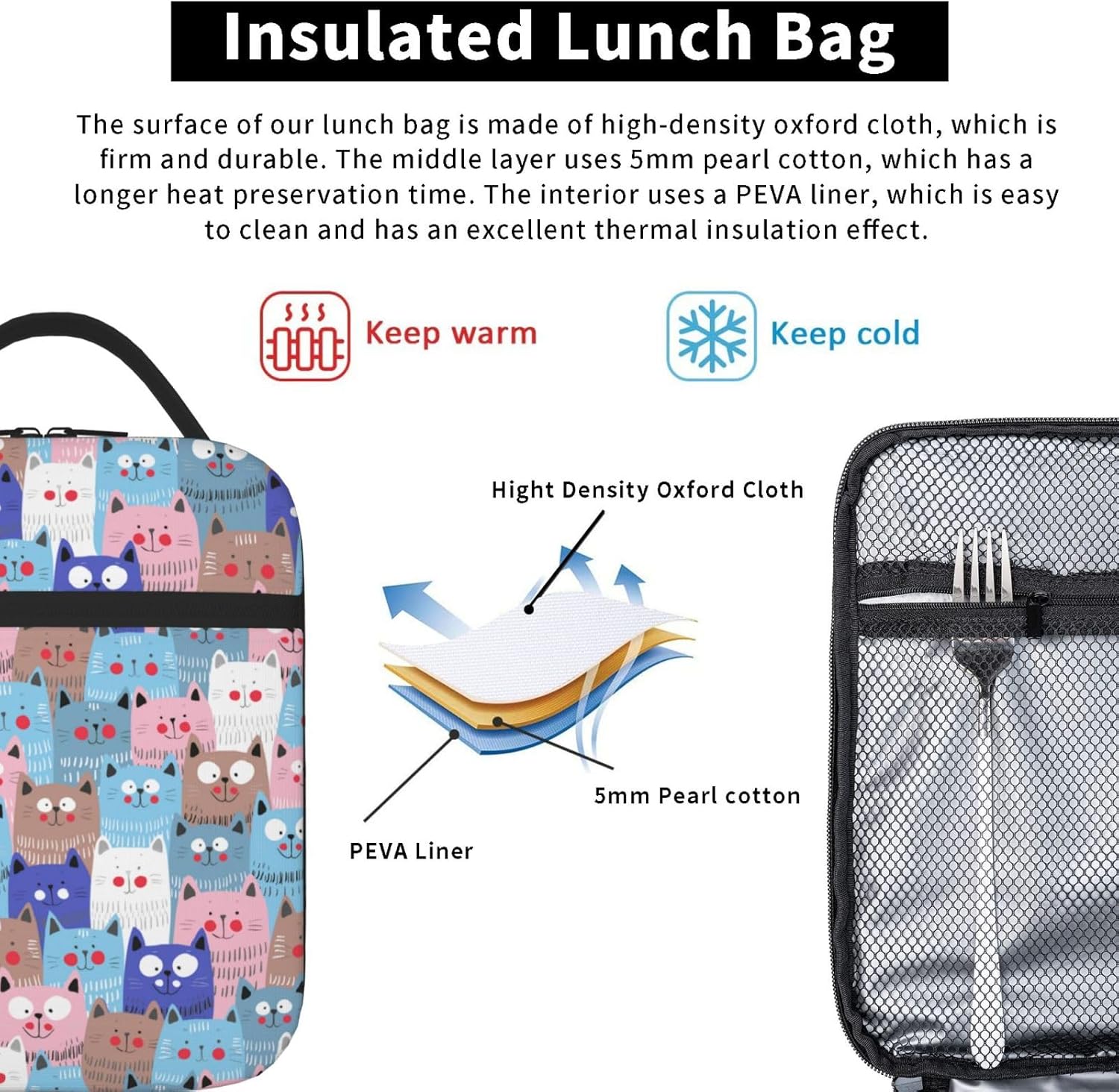 Cute Colorful Cats Insulated Lunch Bag,Kids Lunch Box For Girls Boys Teen,Kid Lunch Box Containers Cooler Bag With Front Pocket For Women Men,Reusable Lunch Tote Bag Lunchbox For School/Work/Picnic - Image 4