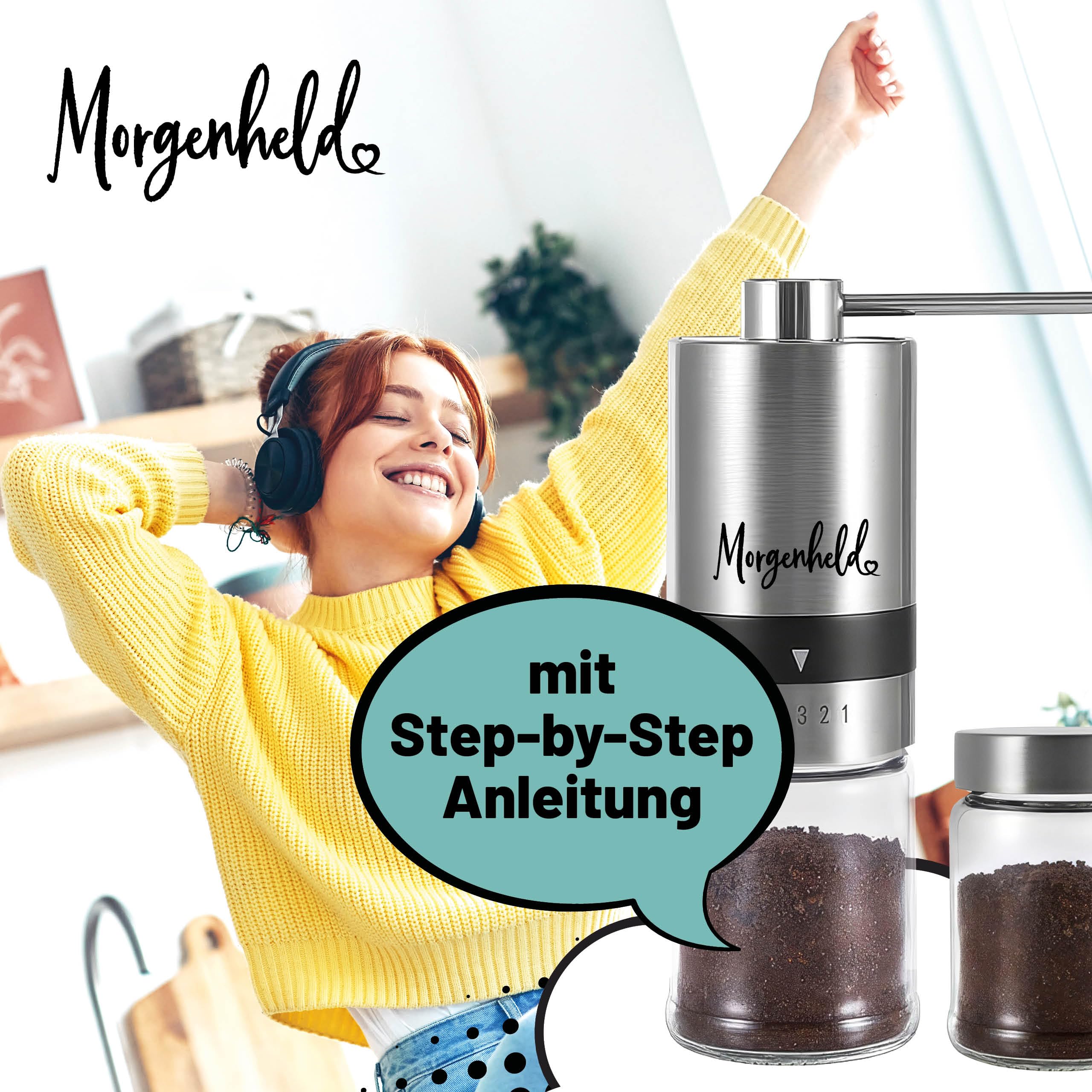 Morgenheld Kaffeemühle manuell Edelstahl – Handmühle Espresso, 2 Gläser | Stufenlos von Espresso bis Cold Brew einstellbar, mit Geschenkbox – ideal für Zuhause, Reisen und Camping