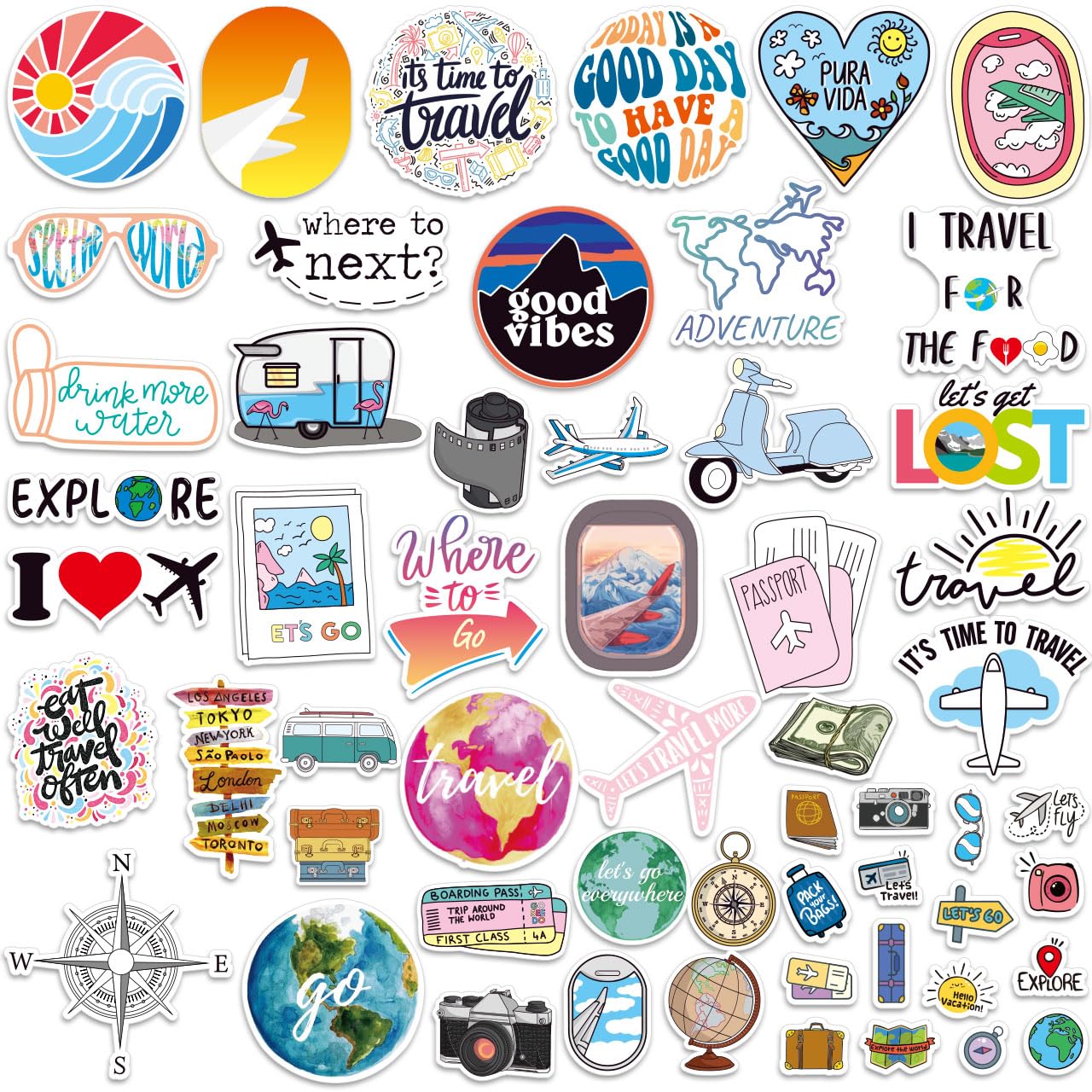 55 Autocollants de voyage imperméables pour valise et carnet d'aventures