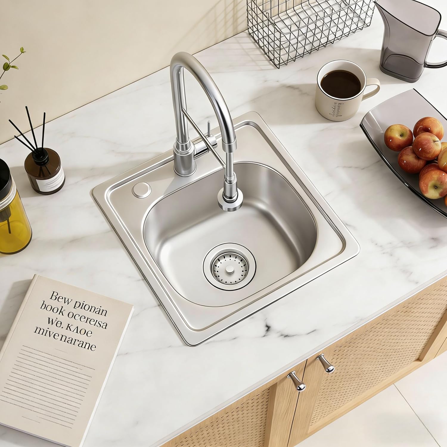 MILOSEN 15 x 15 inch Drop in Bar Sink, T304 Stainless Steel RV Kitchen Sinks, 8'' Deep Outdoor Single Bowl Wet Bar&Prep Small Topmount RV Sinks with Strainer, Brushed Nickel