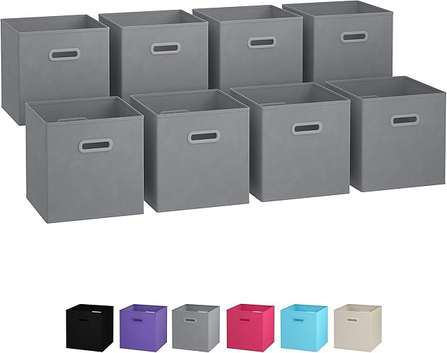Royexe Storage Cubes - Set of 8 Storage Baskets | Collapsible Fabric Storage Box Features Dual Reinforced Plastic Handles | Cube Storage Bins | Foldable Storage Box and Toy Basket [Grey]