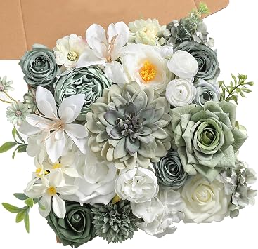 rongflower Green Artificial Flowers Combo Set Fake Flower Leaf Box with Stemst for DIY Wedding Bridal Bouquet, Centerpieces, Home Decor, Floral Arrangement DecorForest Green