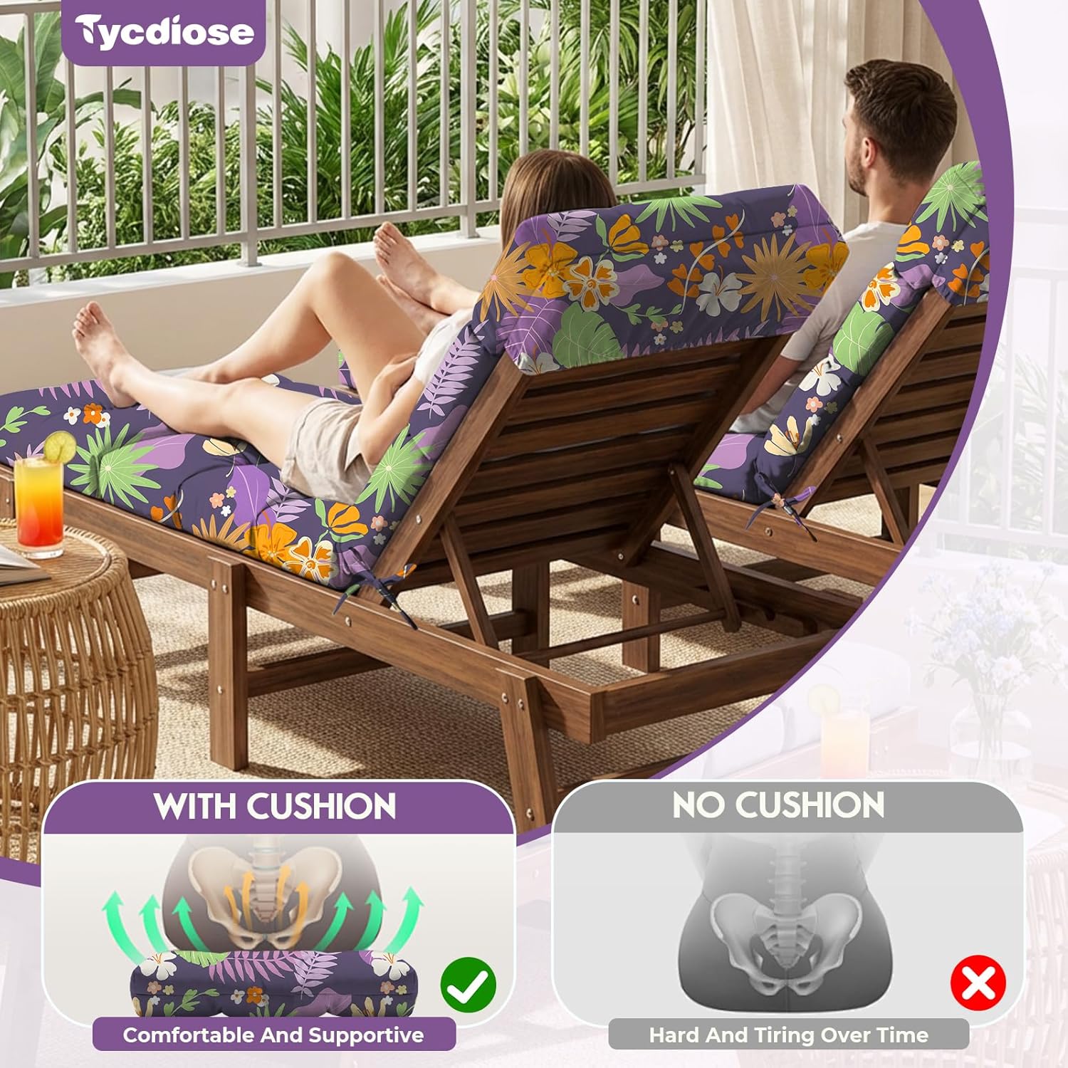 All Weather Chaise Lounge Cushions Outdoor 74.4 x 22 x 4 Inches Lounge Chair Cushion, Patio Pool Chaise Lounger Chair Cushion Waterproof for Outdoor Furniture with Ties, Purple Floral Leaf