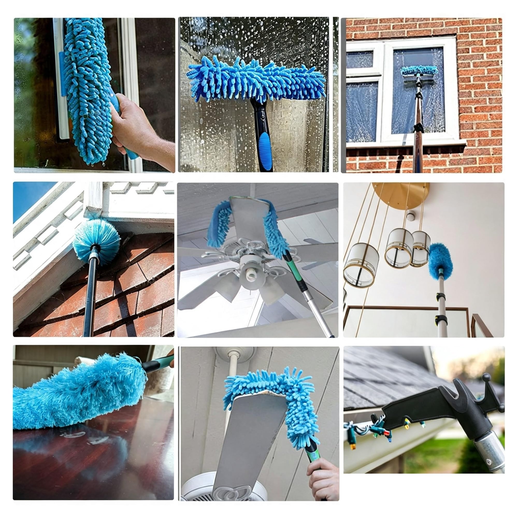 Kit de plumero con barra de extensión de 12 pies, cepillo for telaraña de techo, escurridor de vidrio, limpiador de aspas de ventilador con gancho utilitario