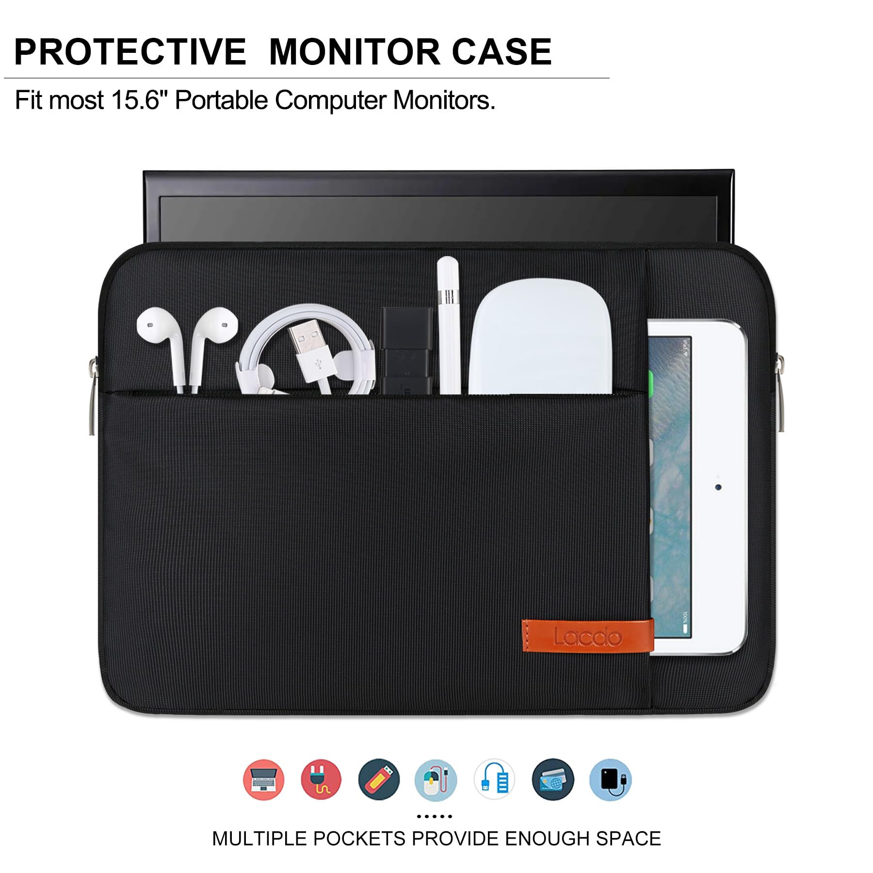 Lacdo 15.6 calowy Monitor Pokrowiec na Laptopa na 15.6 calowy Portable Monitor, Laptop Wyświetlacz Monitory Zewnętrzne Przenośny Monitor Wodoodporna Torba na Ramię Z Kieszenią Na Akcesoria, Czarny