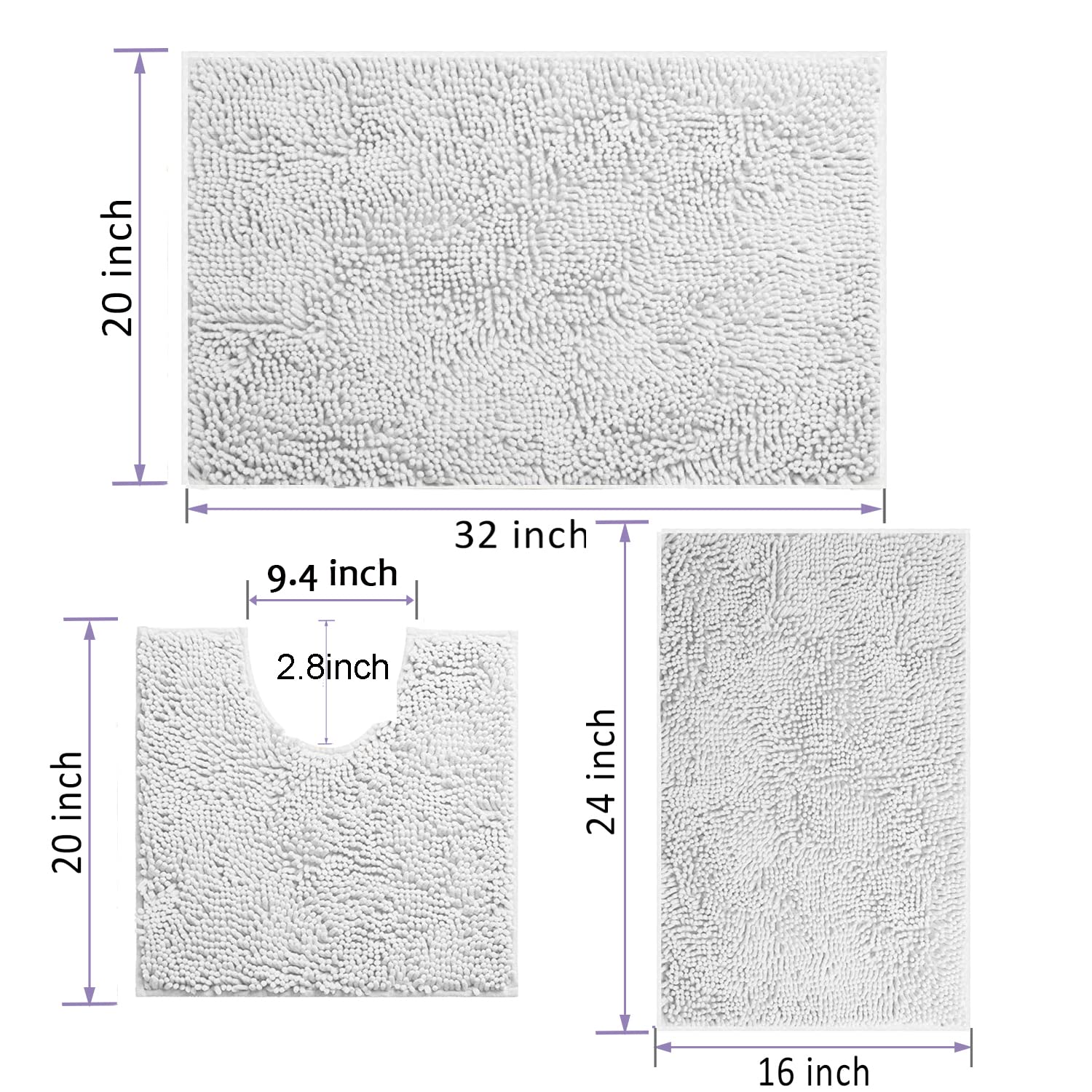 RUN HELIX Ultra Soft Chenille Bath Mat Non Slip, Bath Mat Set 3 Piece, Shaggy Bathroom Mats - Image 2